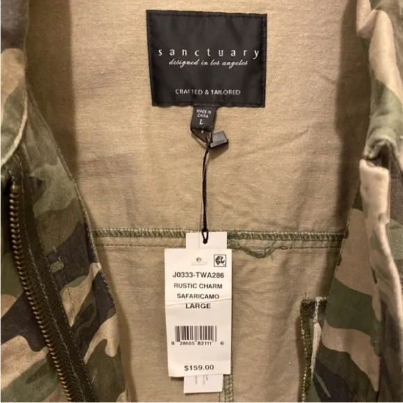 Sanctuary Safari Camo Utility Military Jacket Green Zip Snap Cotton Large NWT