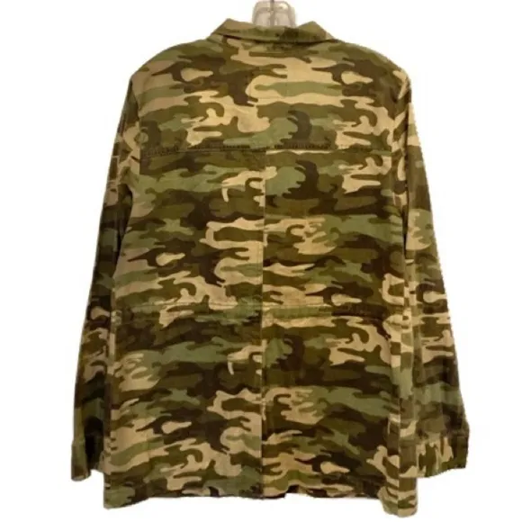 Sanctuary Safari Camo Utility Military Jacket Green Zip Snap Cotton Large NWT