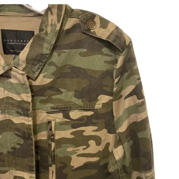 Sanctuary Safari Camo Utility Military Jacket Green Zip Snap Cotton Large NWT