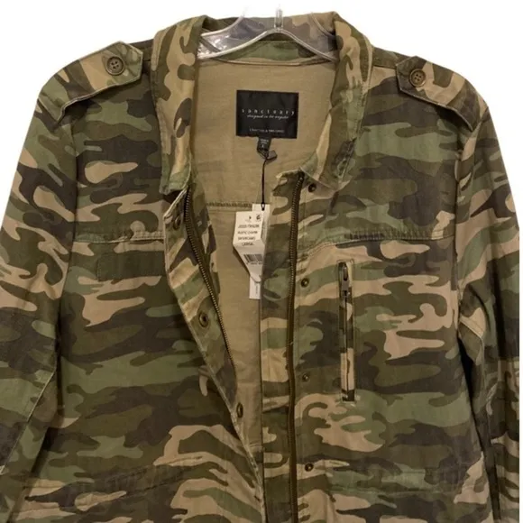 Sanctuary Safari Camo Utility Military Jacket Green Zip Snap Cotton Large NWT