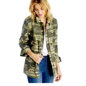 Sanctuary Safari Camo Utility Military Jacket Green Zip Snap Cotton Large NWT
