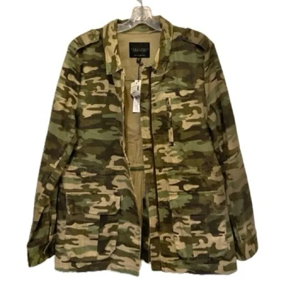 Sanctuary Safari Camo Utility Military Jacket Green Zip Snap Cotton Large NWT