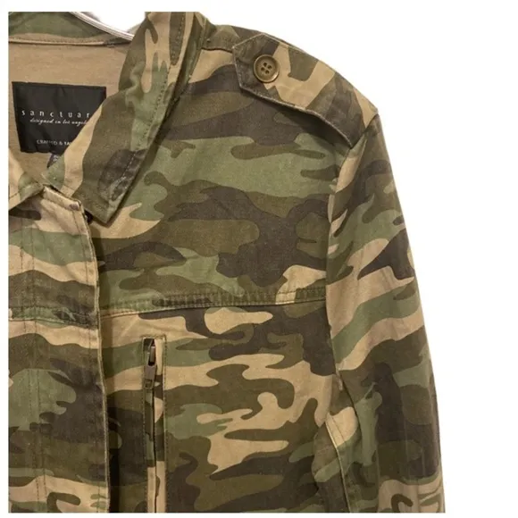 Sanctuary Safari Camo Utility Military Jacket Green Zip Snap Cotton Large NWT