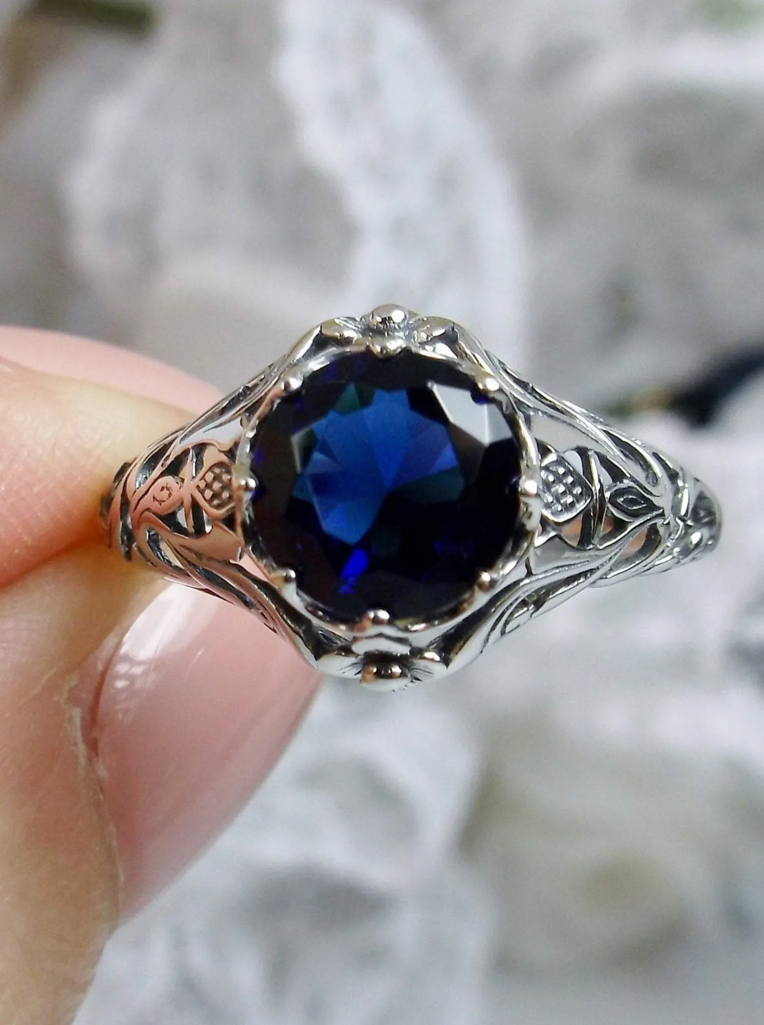 Sapphire Blue Ring, Daisy Filigree,Victorian Jewelry #D66