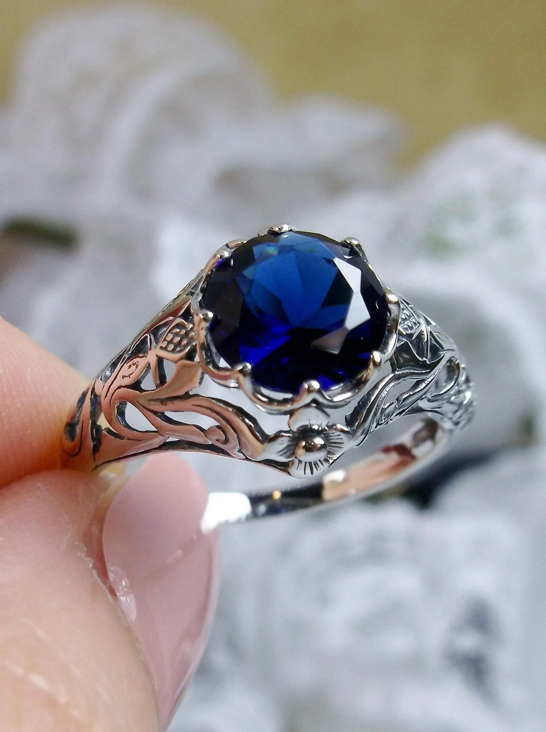 Sapphire Blue Ring, Daisy Filigree,Victorian Jewelry #D66