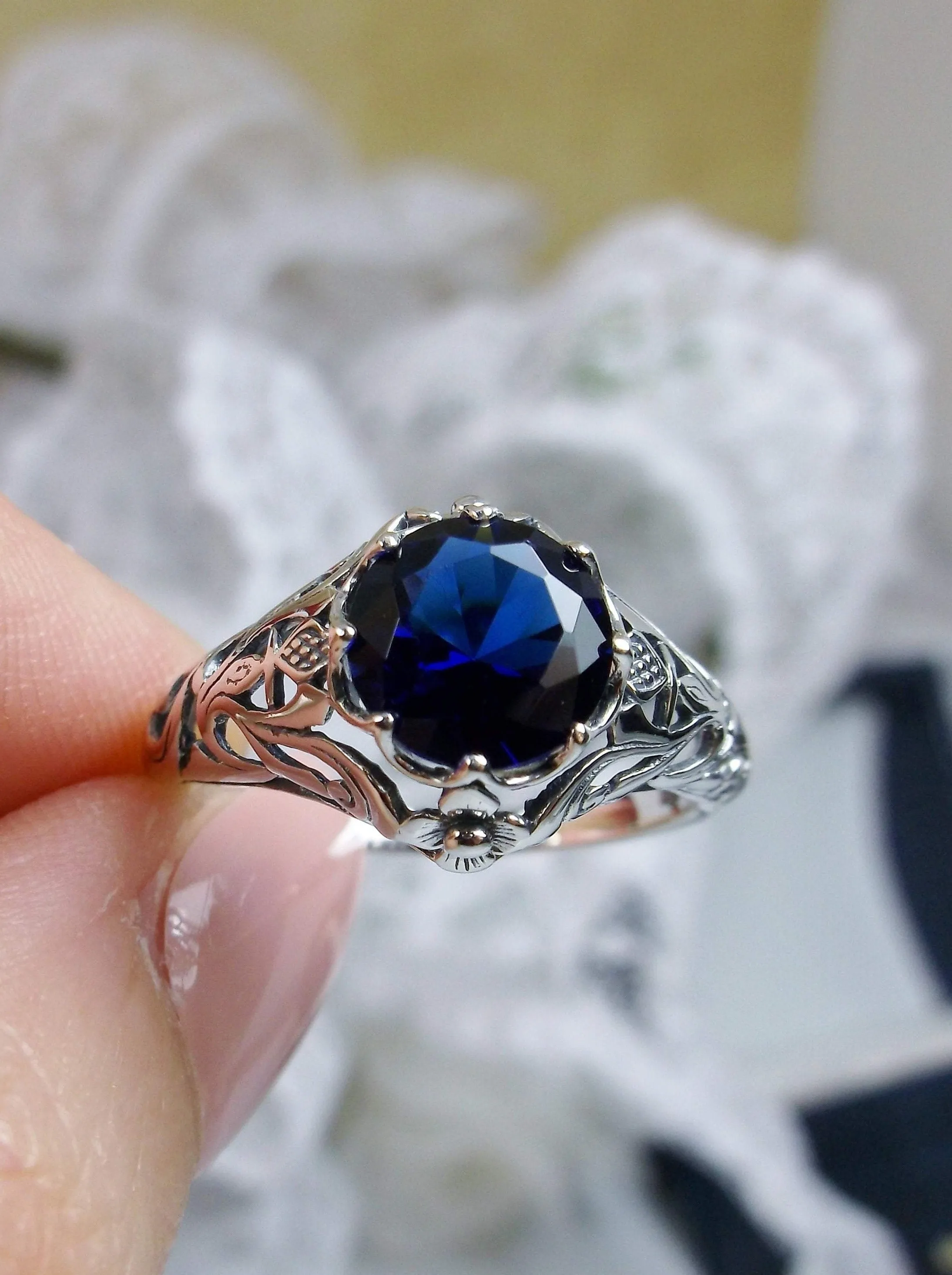 Sapphire Blue Ring, Daisy Filigree,Victorian Jewelry #D66