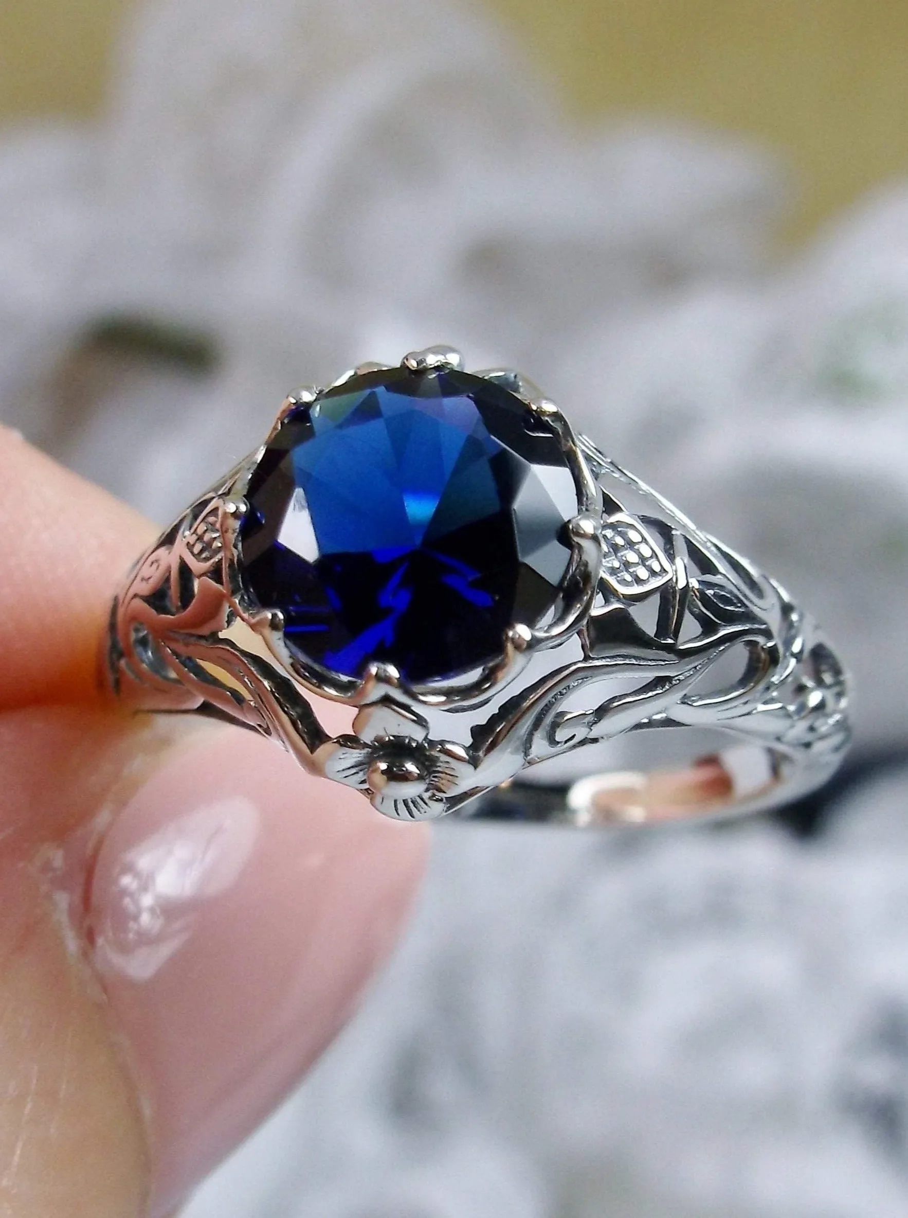 Sapphire Blue Ring, Daisy Filigree,Victorian Jewelry #D66