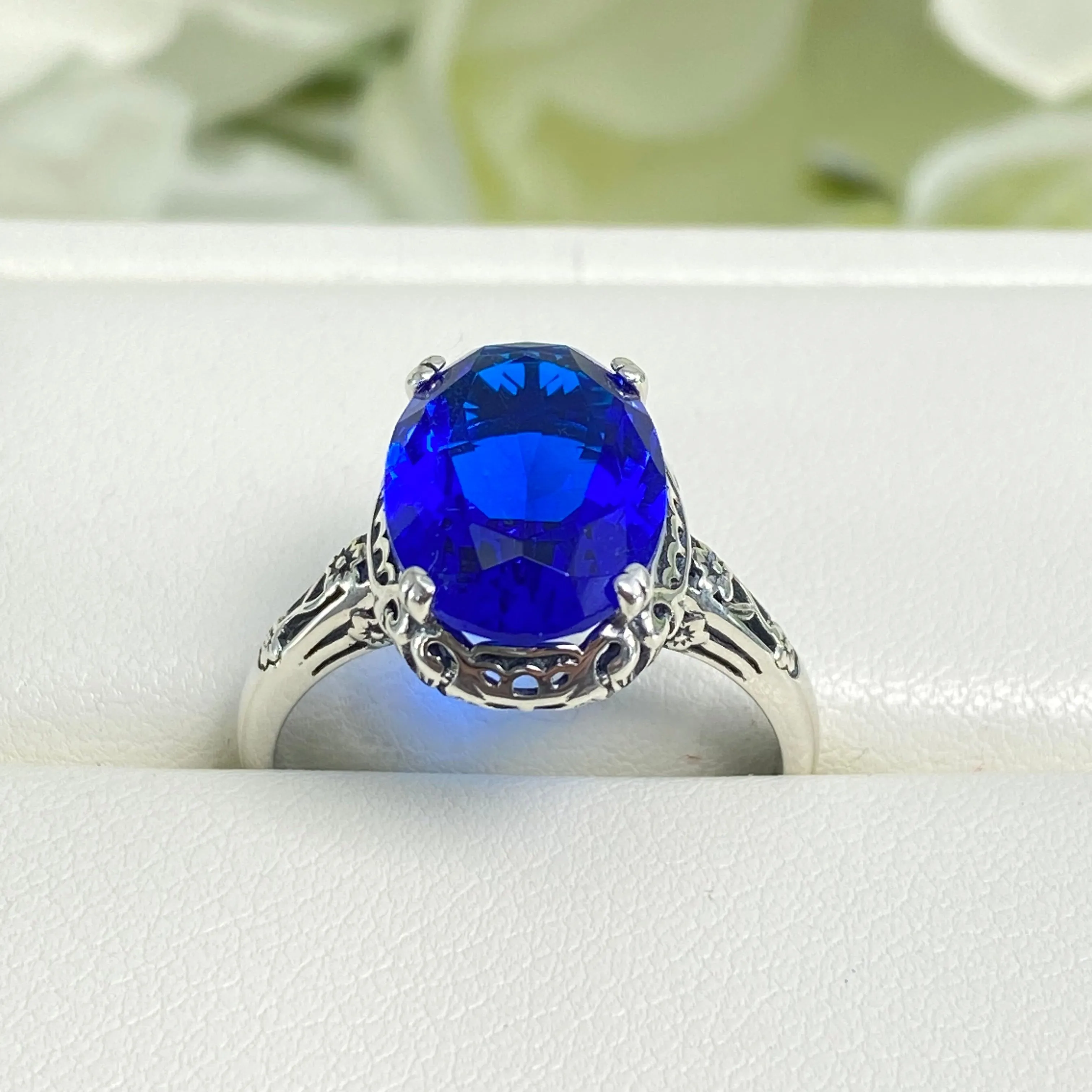 Sapphire Ring, Sterling Silver Edwardian Jewelry #D70