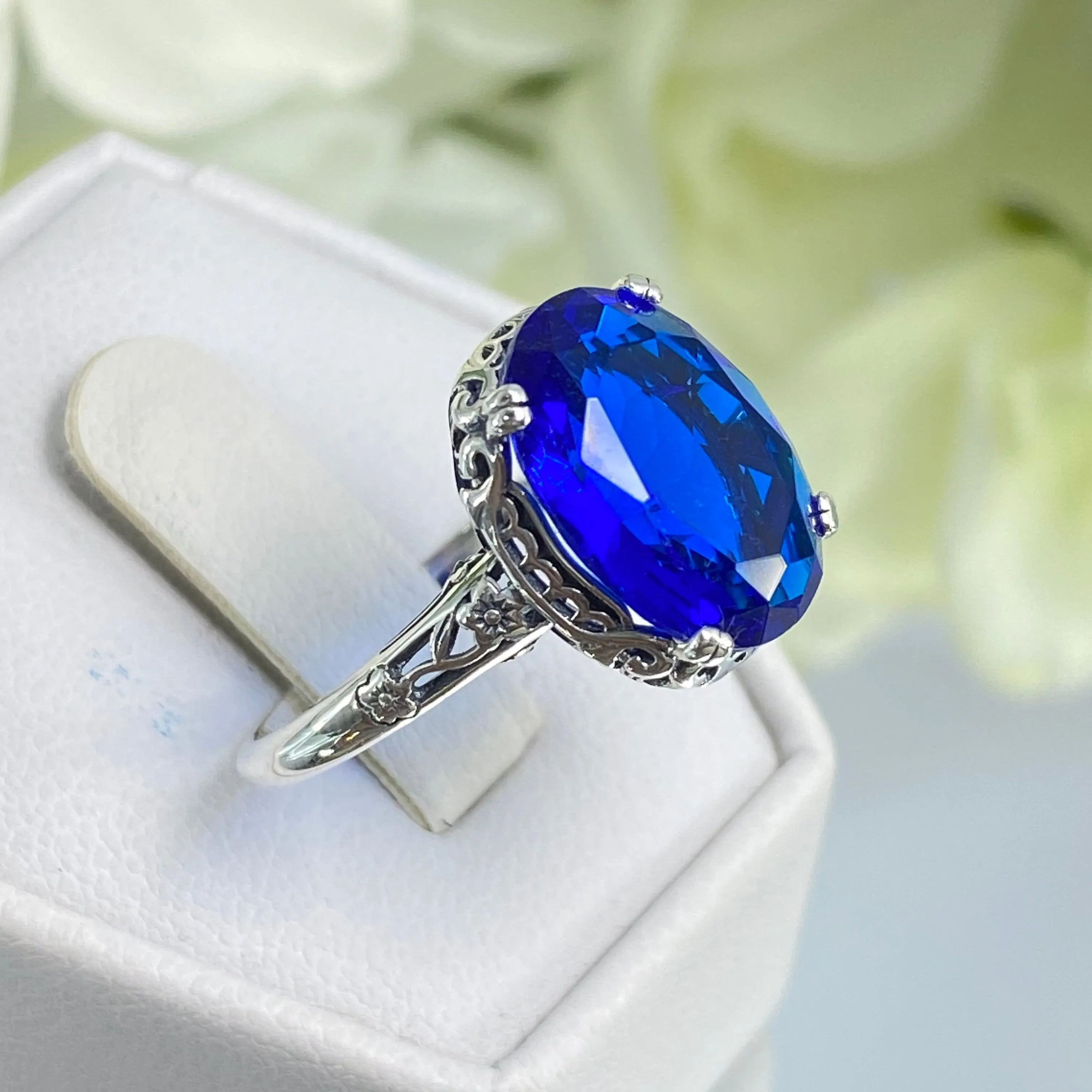Sapphire Ring, Sterling Silver Edwardian Jewelry #D70