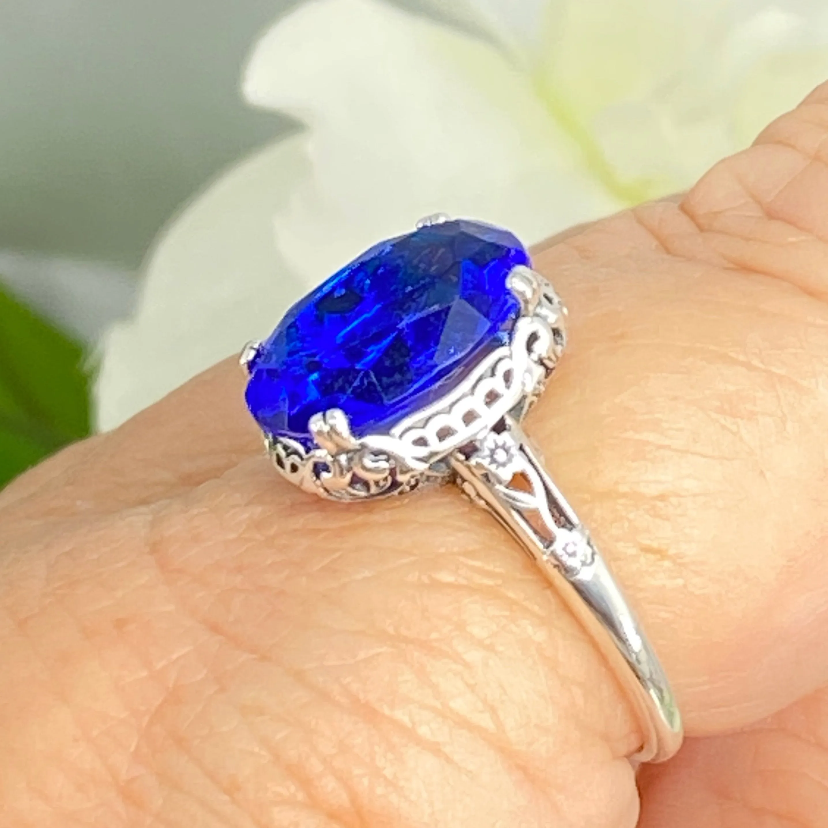 Sapphire Ring, Sterling Silver Edwardian Jewelry #D70