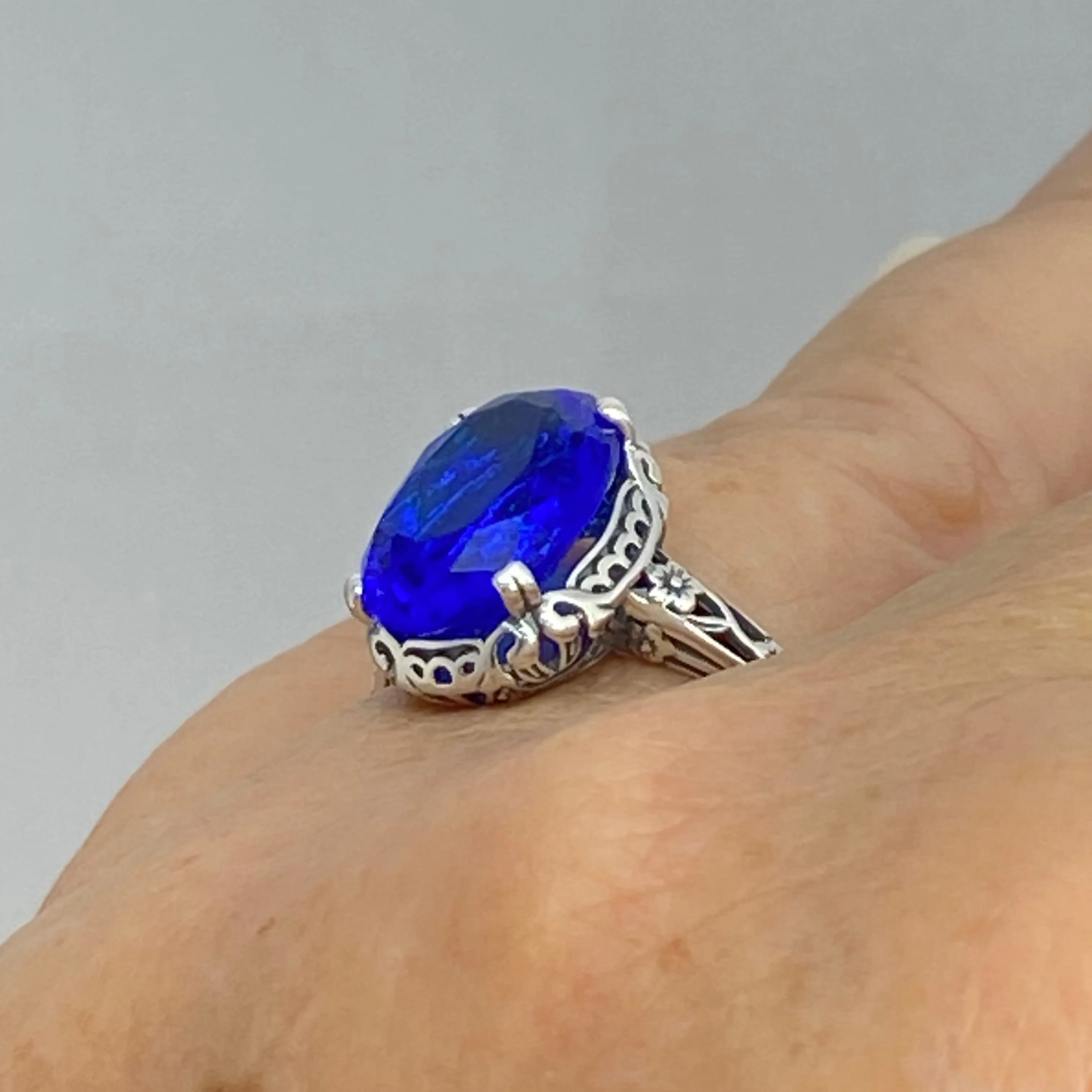 Sapphire Ring, Sterling Silver Edwardian Jewelry #D70