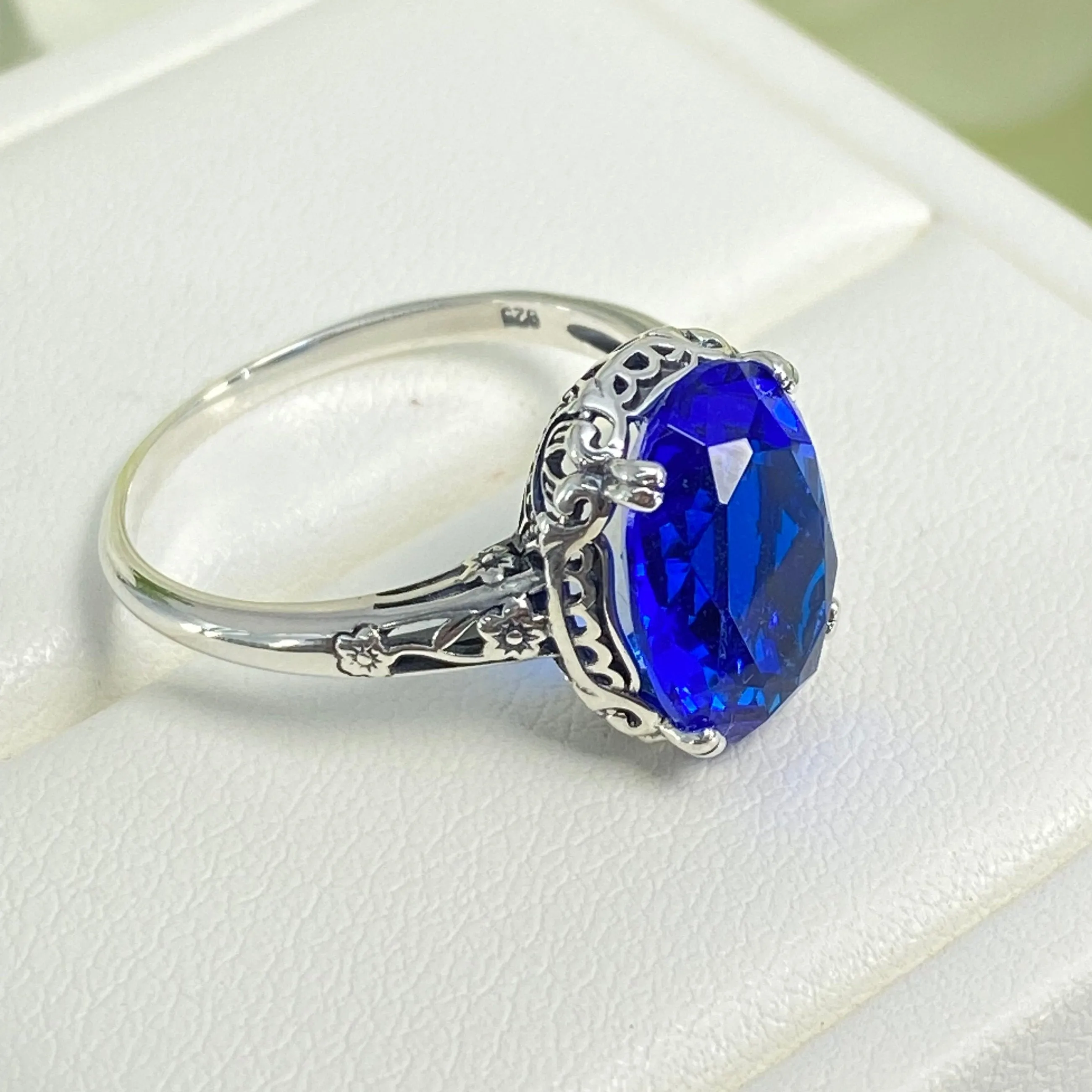 Sapphire Ring, Sterling Silver Edwardian Jewelry #D70