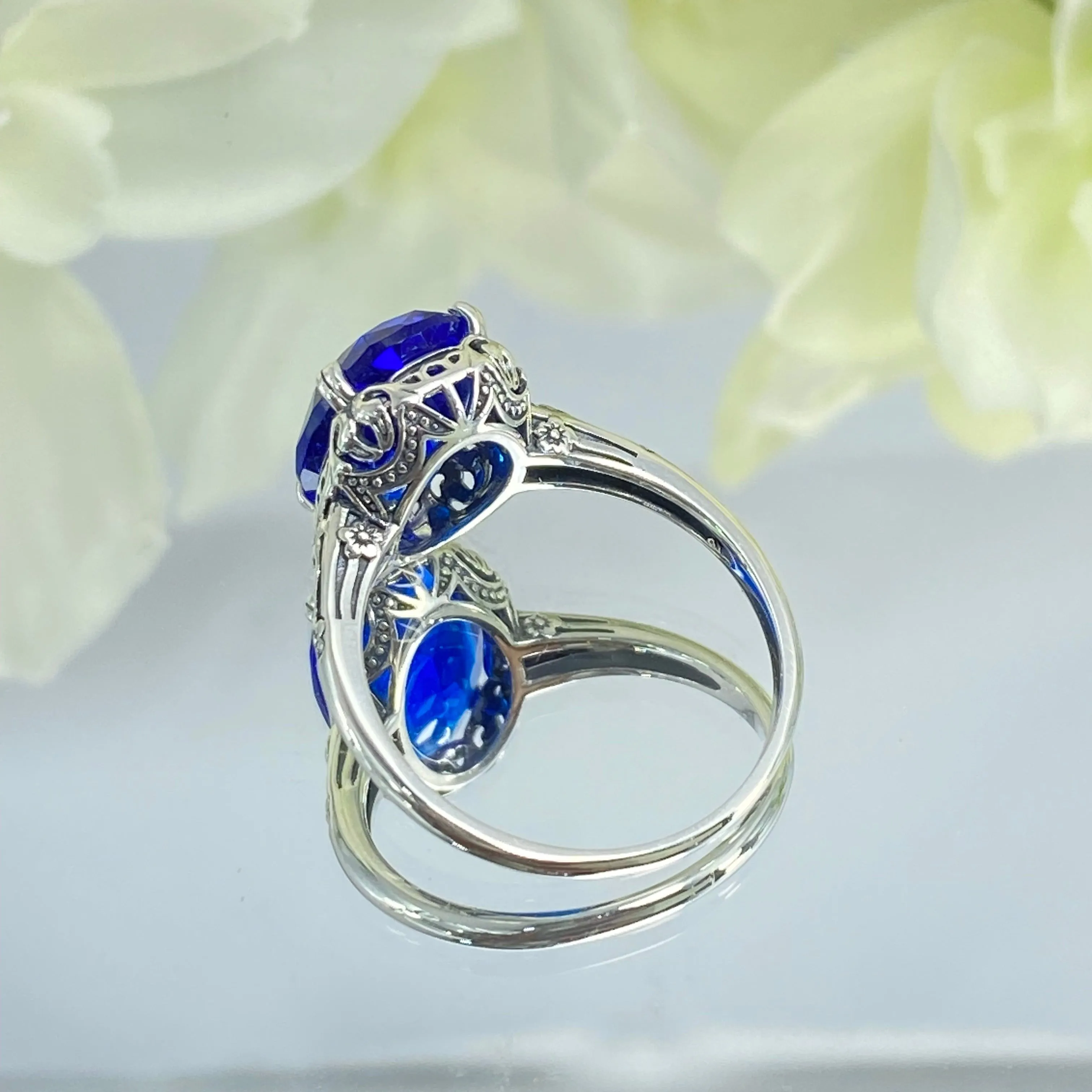 Sapphire Ring, Sterling Silver Edwardian Jewelry #D70