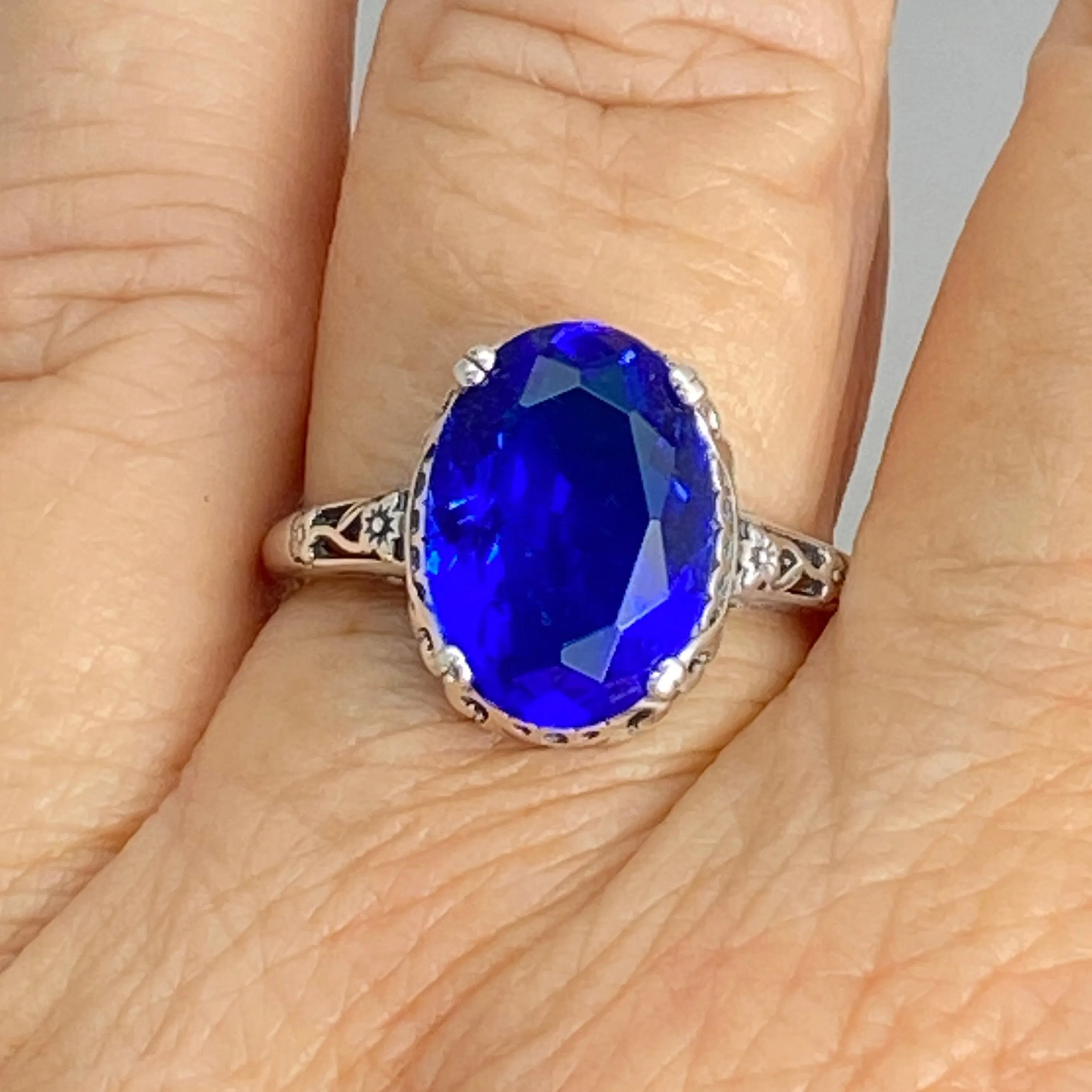 Sapphire Ring, Sterling Silver Edwardian Jewelry #D70