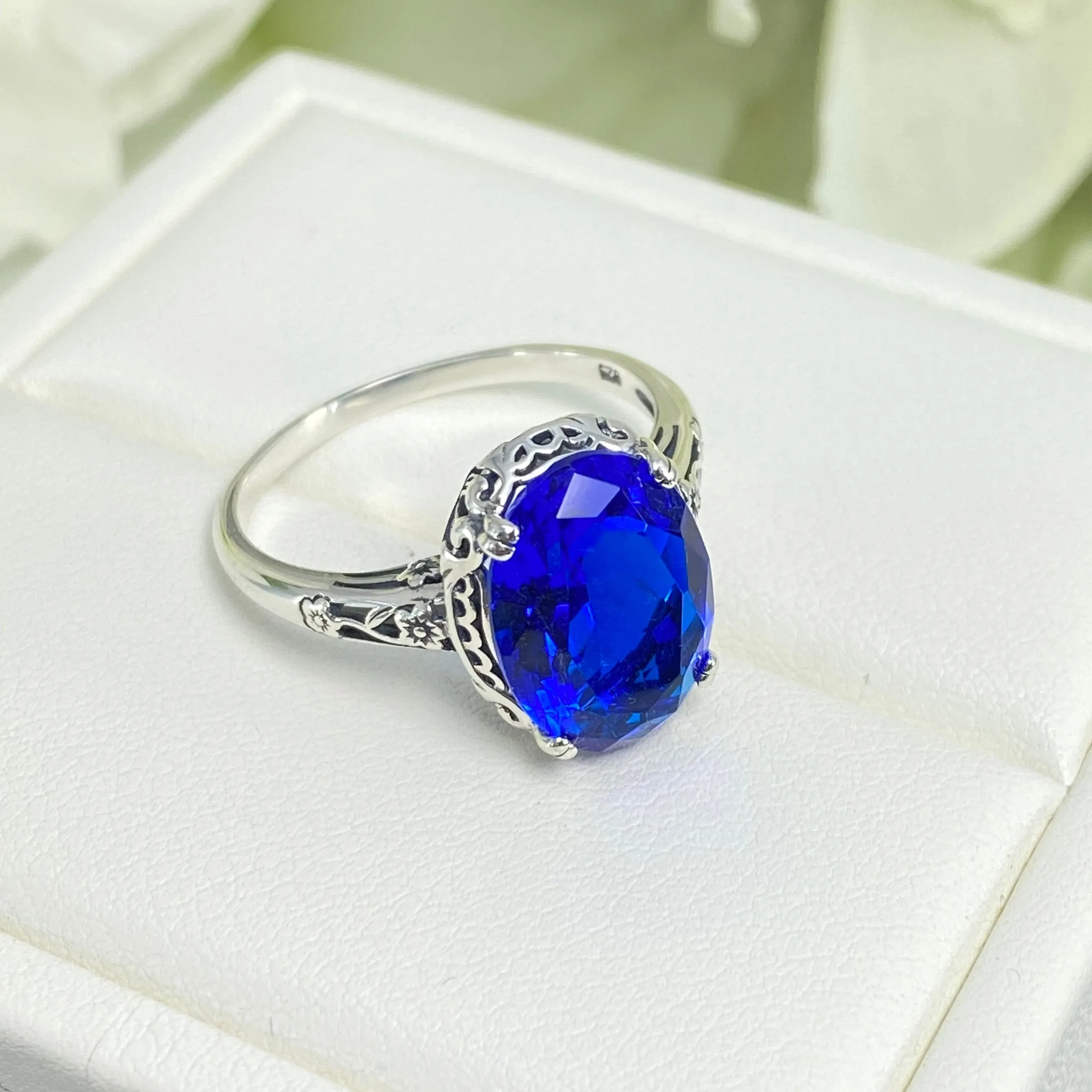 Sapphire Ring, Sterling Silver Edwardian Jewelry #D70