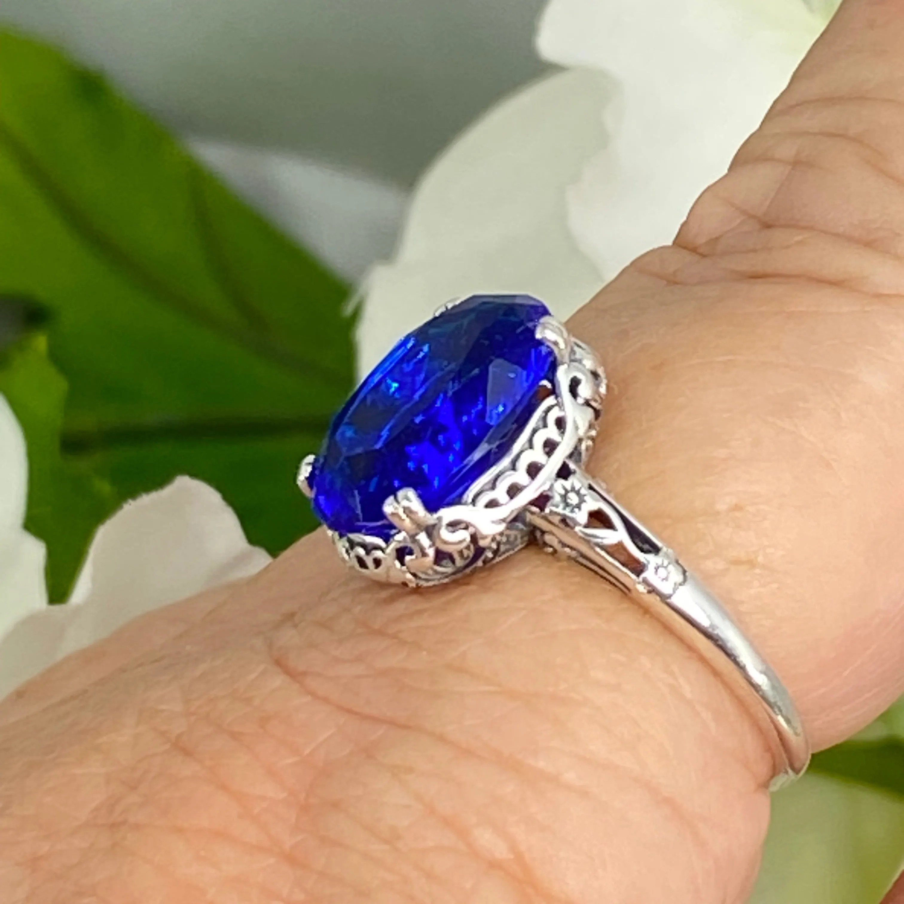 Sapphire Ring, Sterling Silver Edwardian Jewelry #D70