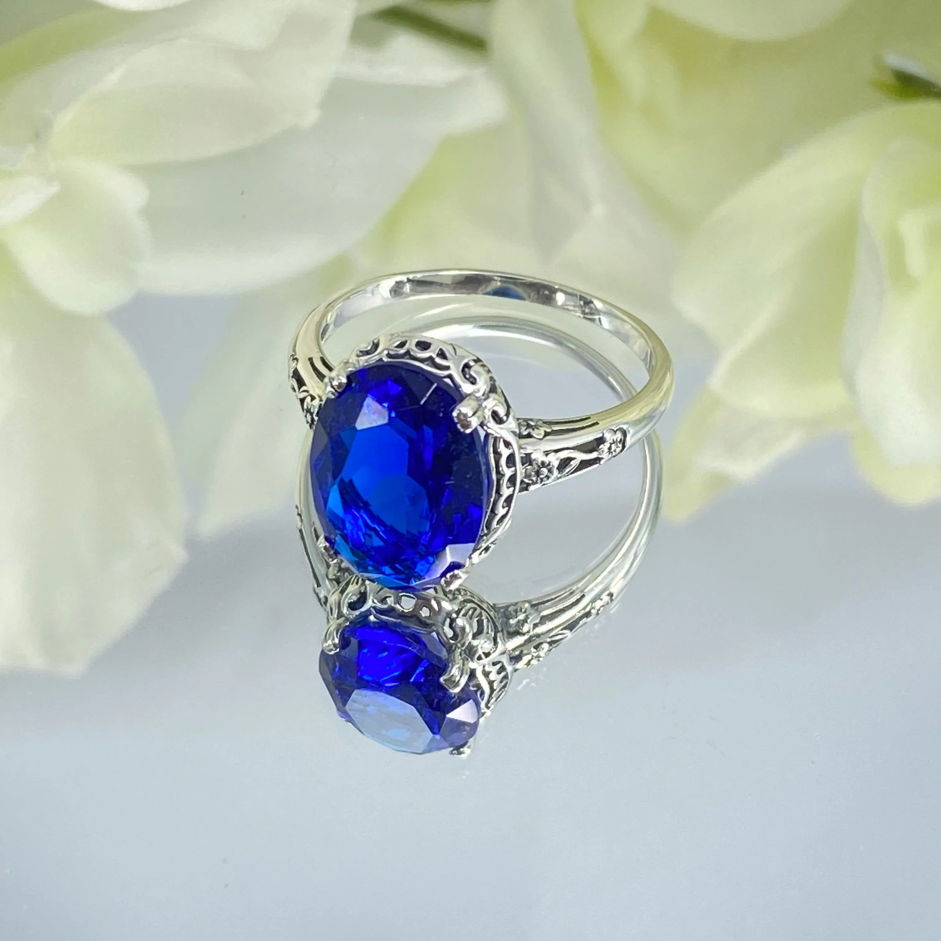 Sapphire Ring, Sterling Silver Edwardian Jewelry #D70