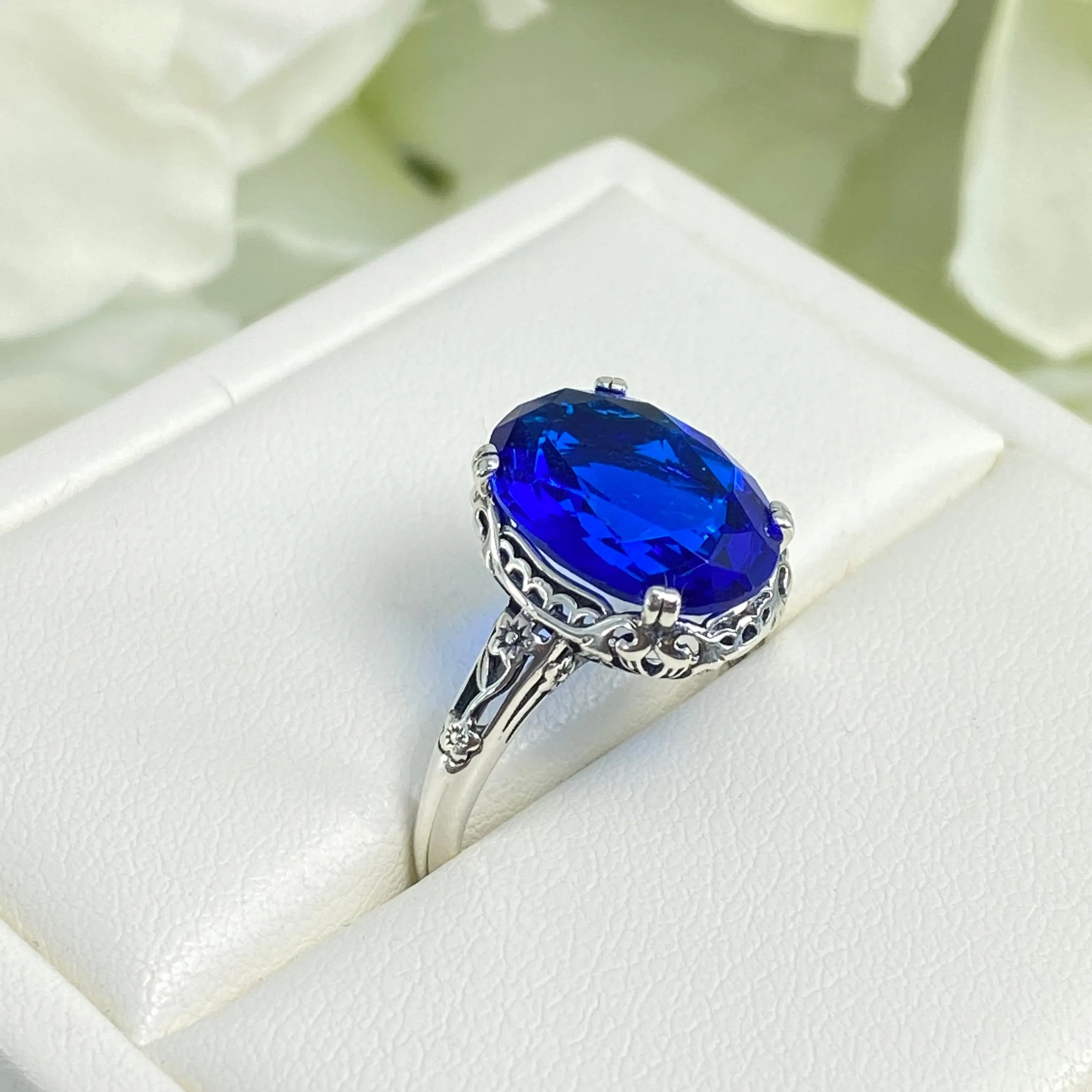 Sapphire Ring, Sterling Silver Edwardian Jewelry #D70