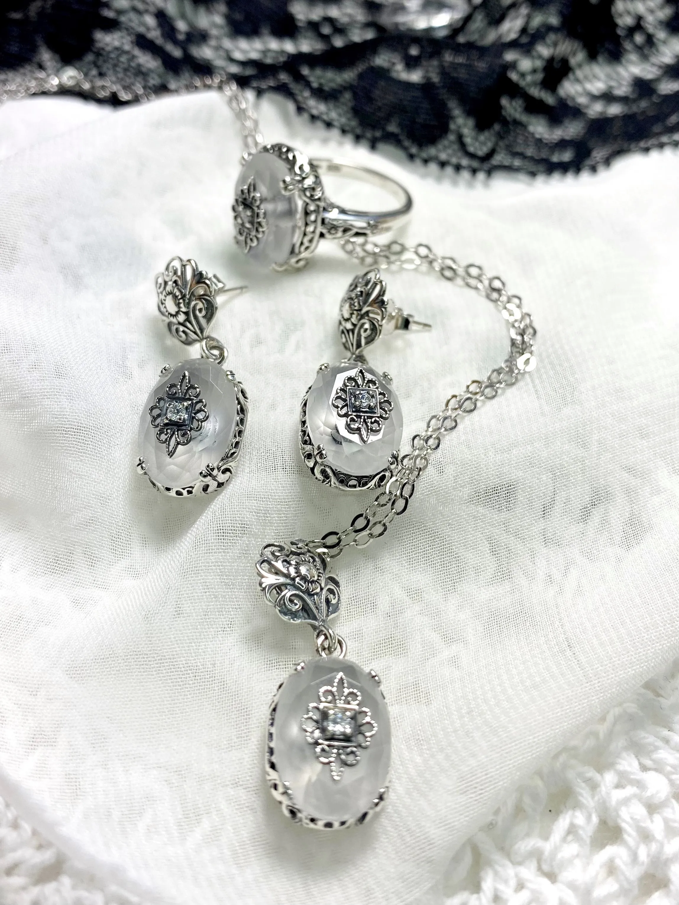Save 15% on Camphor Glass Jewelry Set, Sterling Silver Embellishment, Edwardian Jewelry #S70e