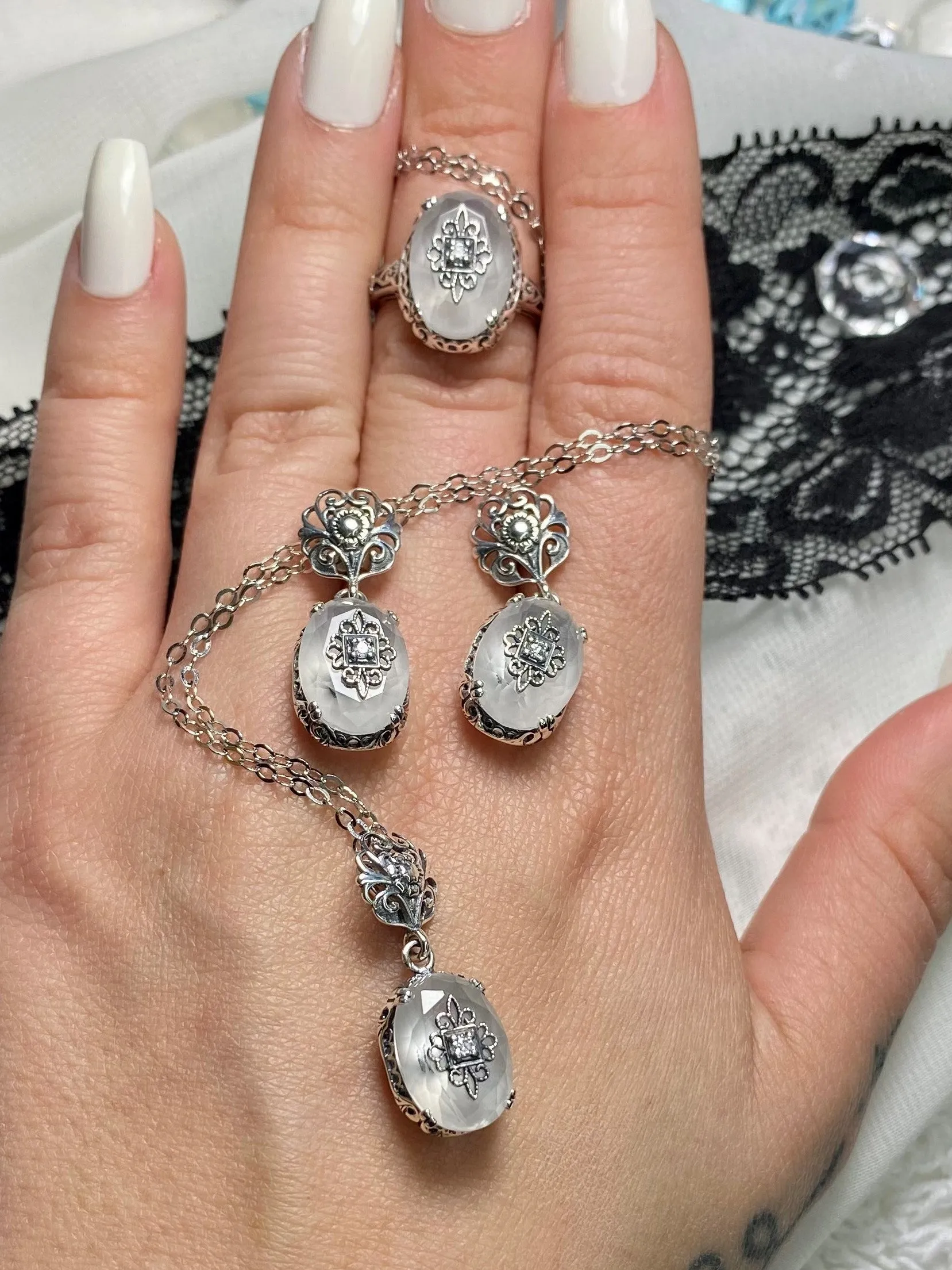 Save 15% on Camphor Glass Jewelry Set, Sterling Silver Embellishment, Edwardian Jewelry #S70e
