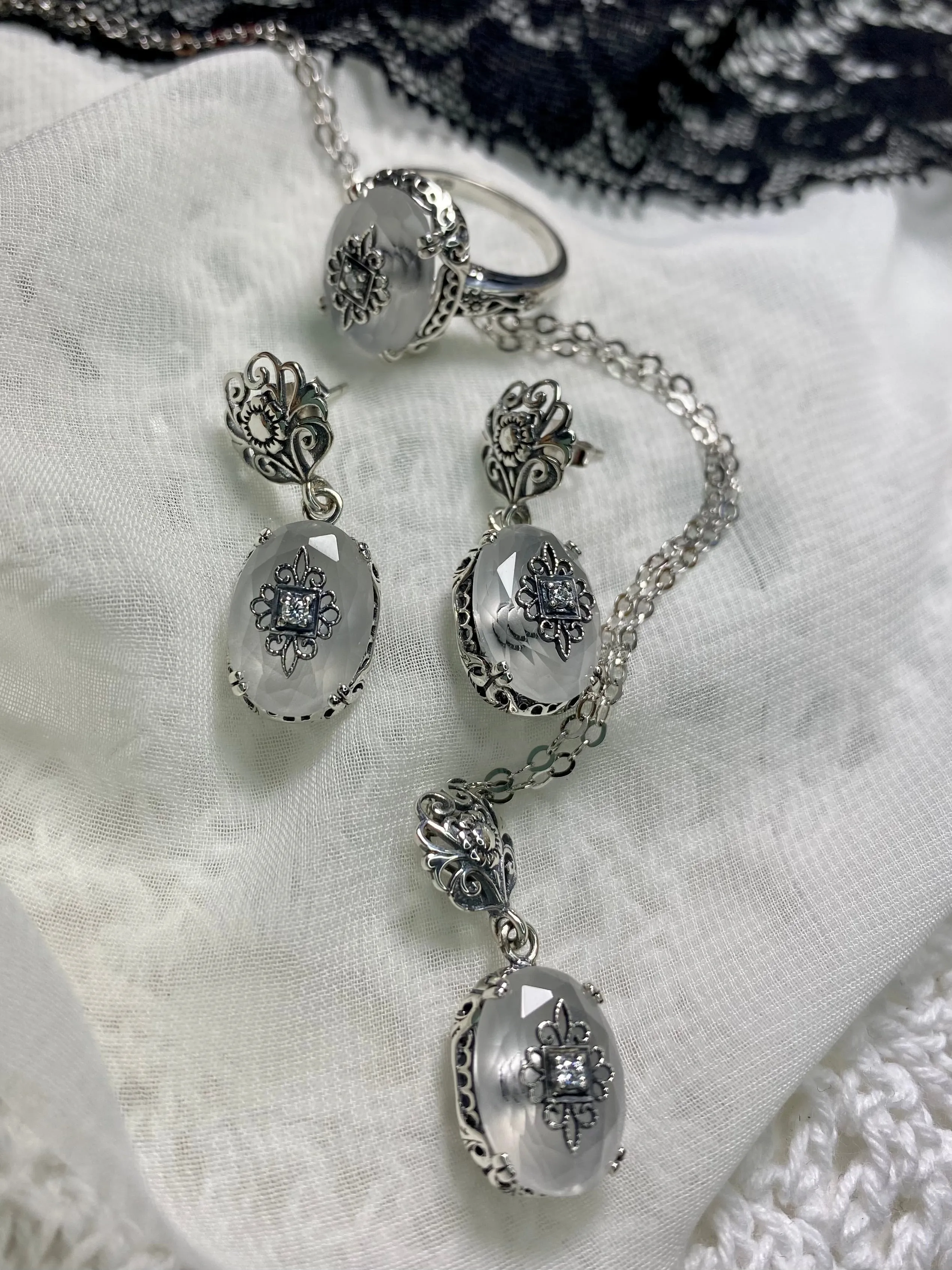 Save 15% on Camphor Glass Jewelry Set, Sterling Silver Embellishment, Edwardian Jewelry #S70e