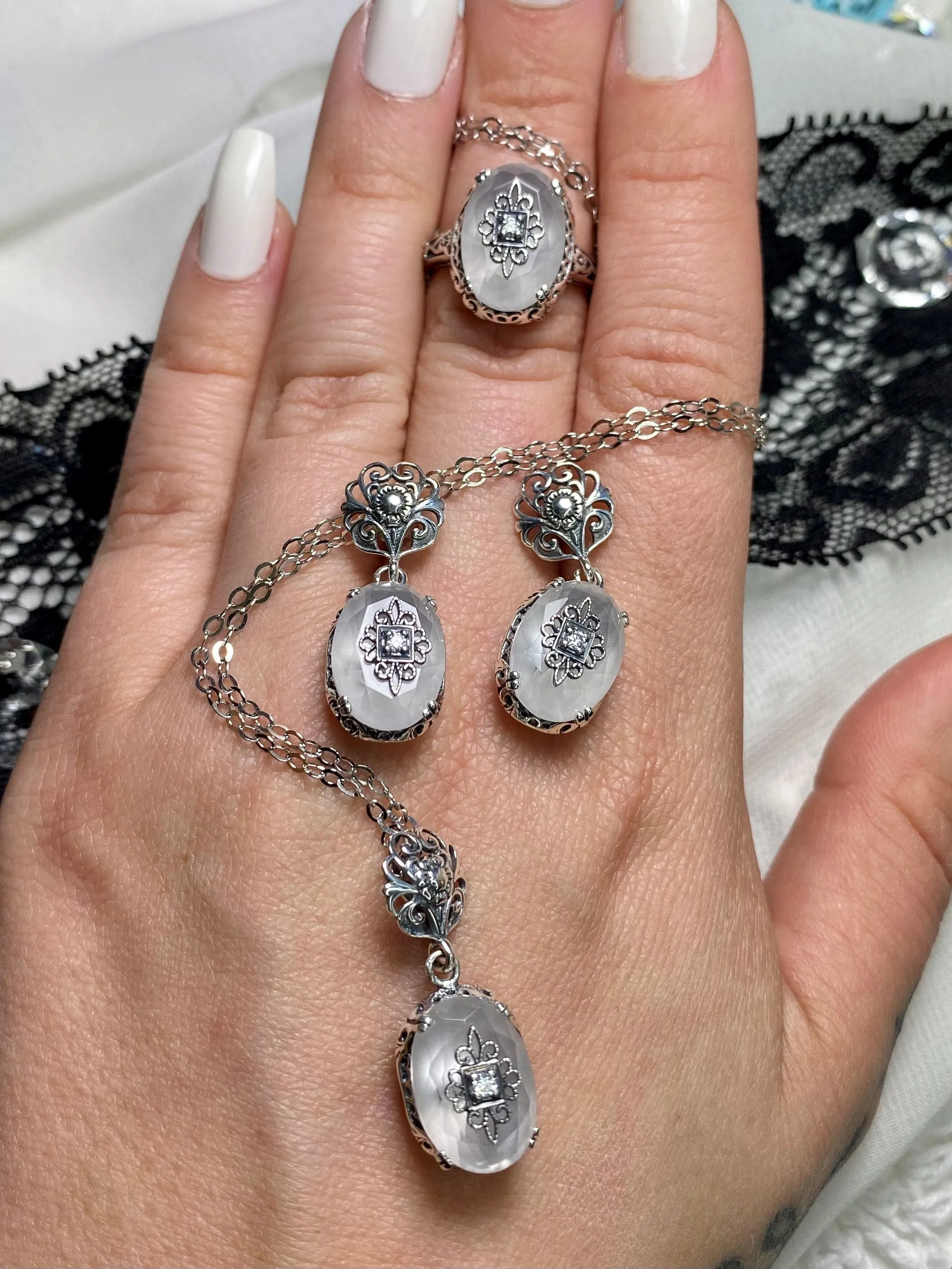 Save 15% on Camphor Glass Jewelry Set, Sterling Silver Embellishment, Edwardian Jewelry #S70e