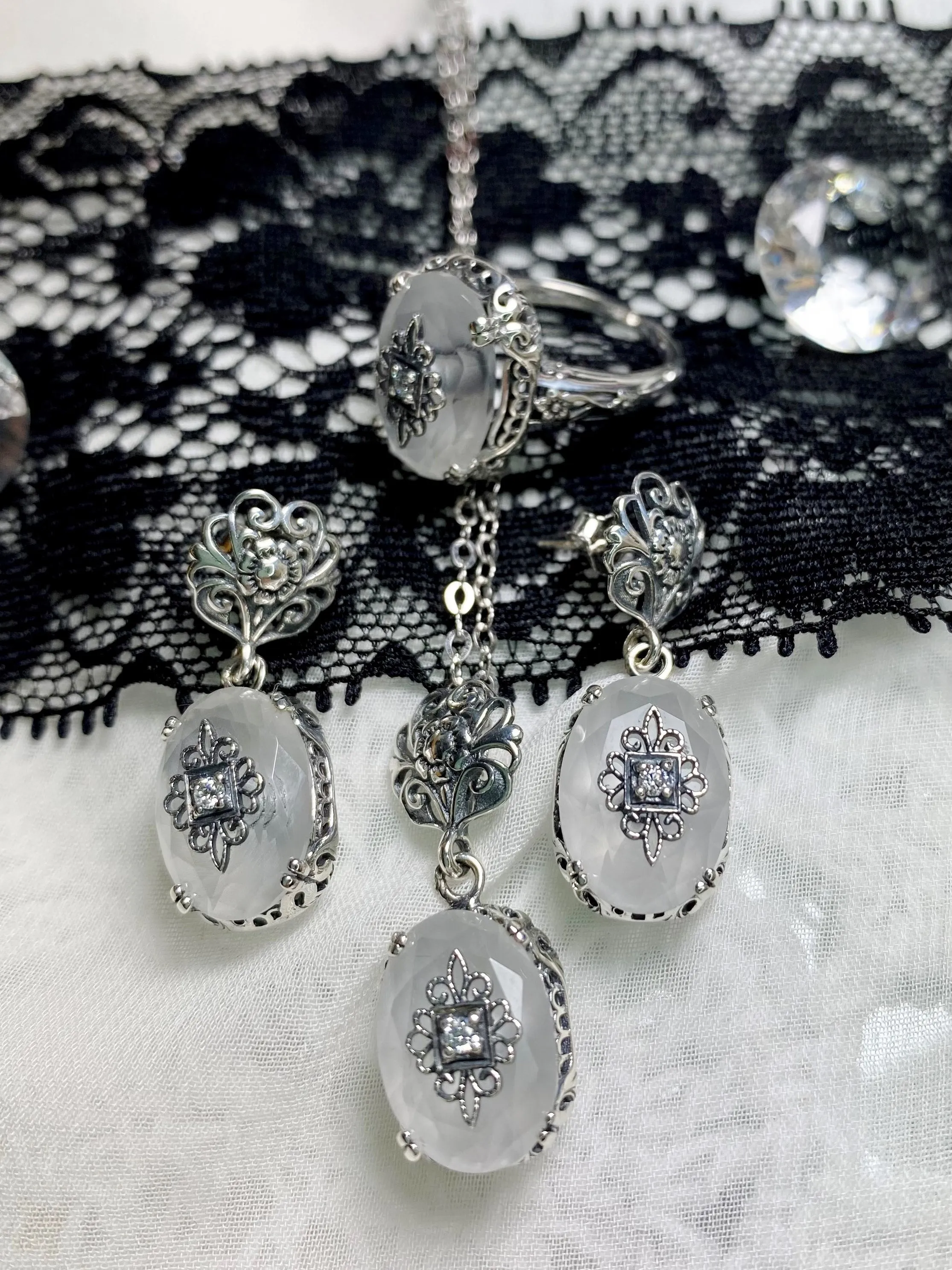 Save 15% on Camphor Glass Jewelry Set, Sterling Silver Embellishment, Edwardian Jewelry #S70e