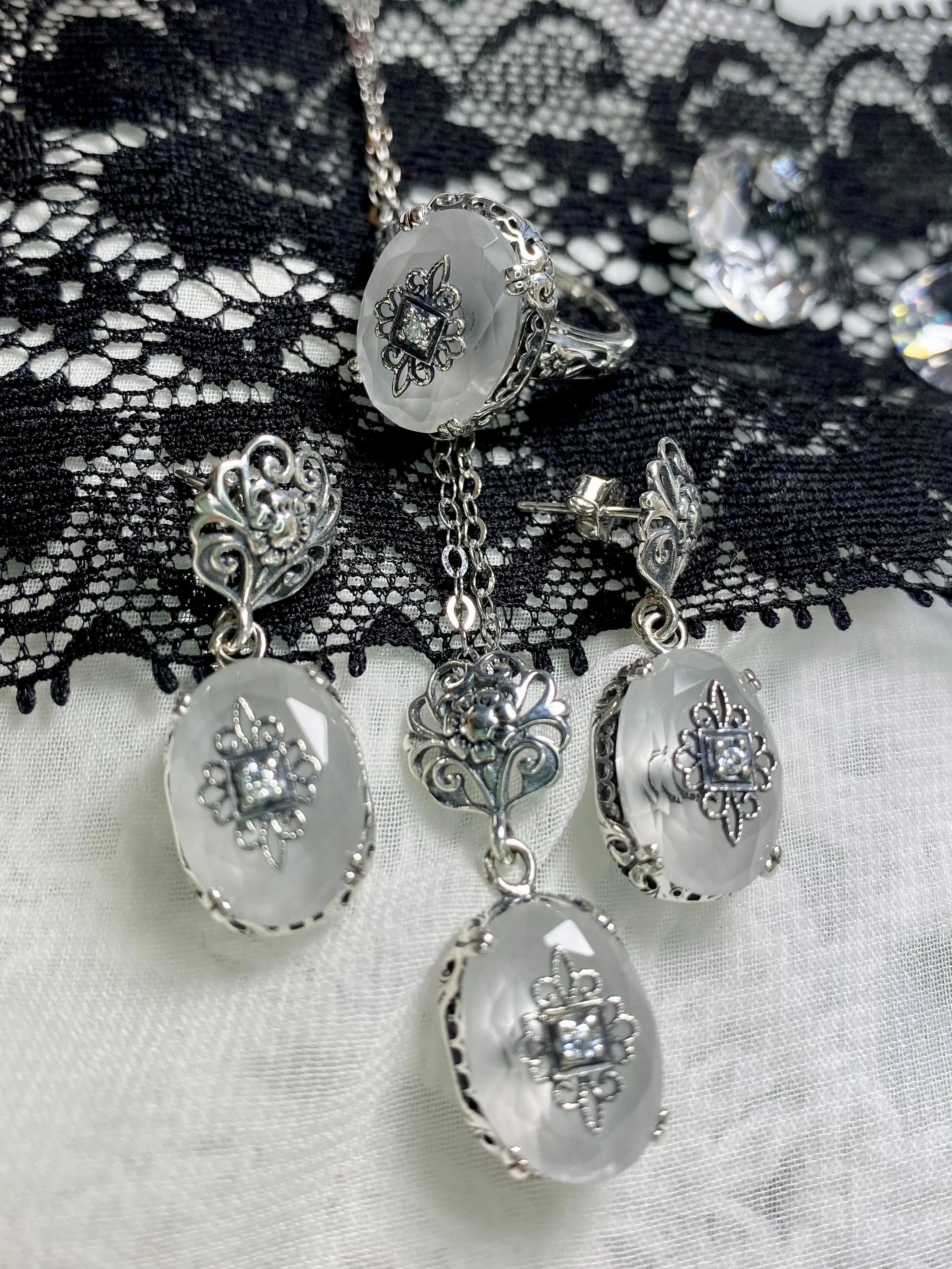 Save 15% on Camphor Glass Jewelry Set, Sterling Silver Embellishment, Edwardian Jewelry #S70e