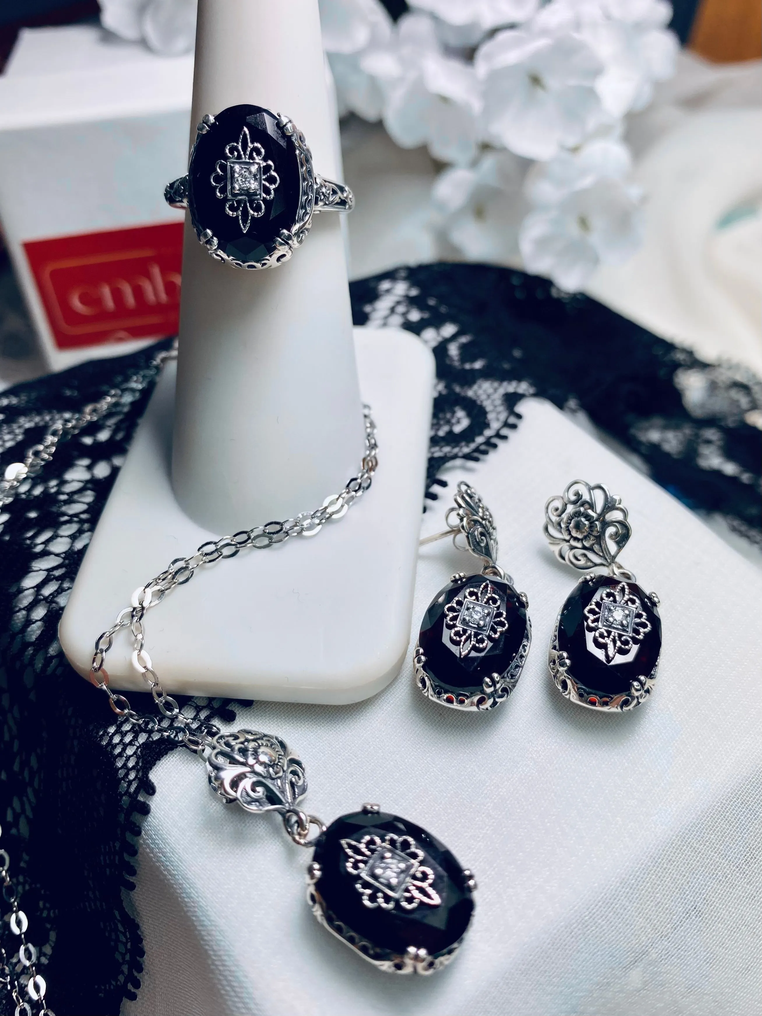 Save 15% on Onyx Jewelry Set, Sterling Silver Embellishment, Edwardian Jewelry #S70e