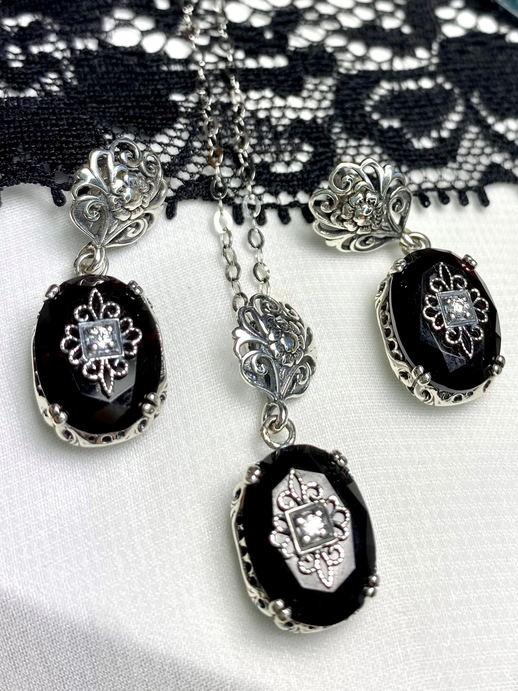 Save 15% on Onyx Jewelry Set, Sterling Silver Embellishment, Edwardian Jewelry #S70e