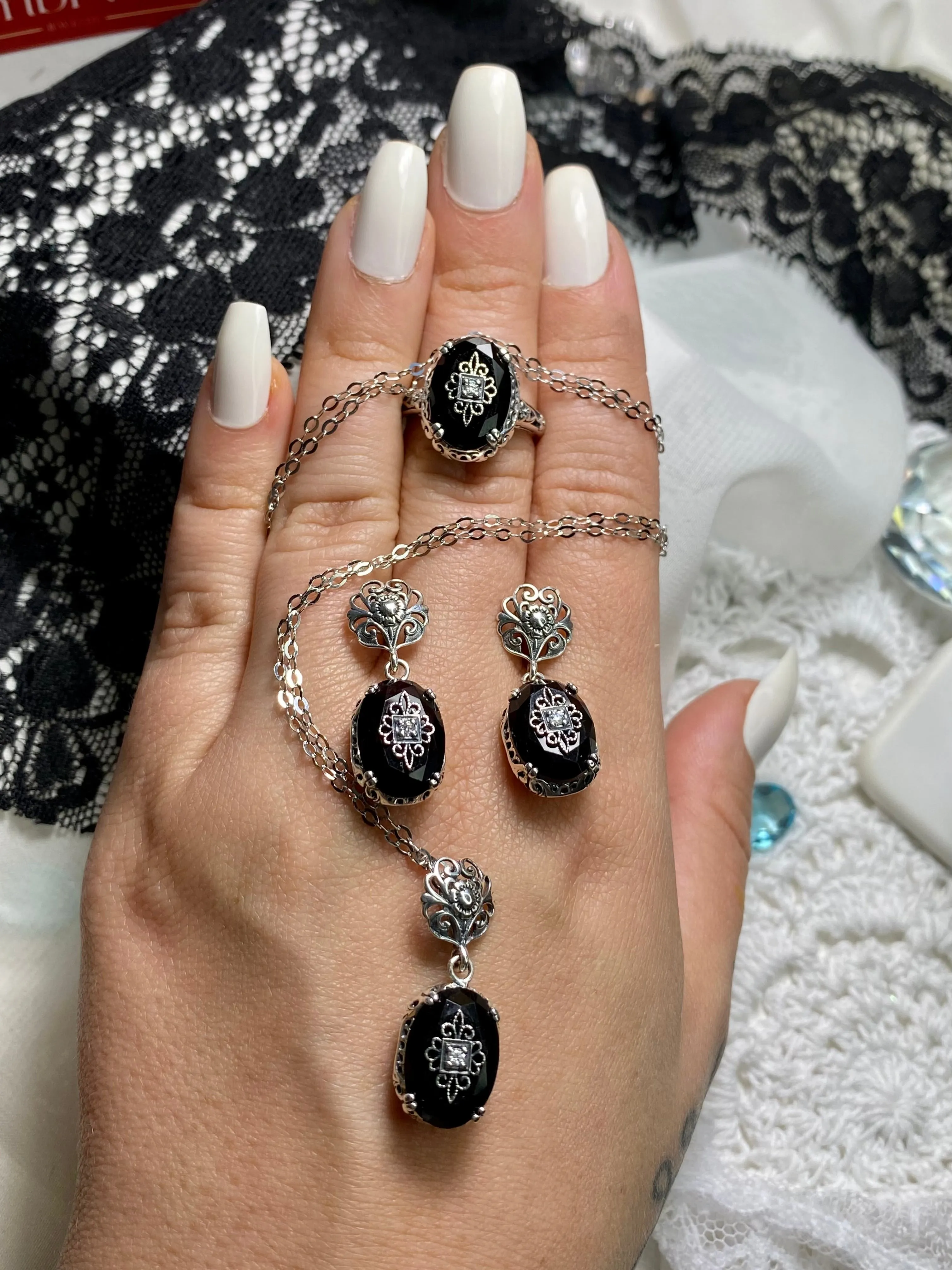 Save 15% on Onyx Jewelry Set, Sterling Silver Embellishment, Edwardian Jewelry #S70e