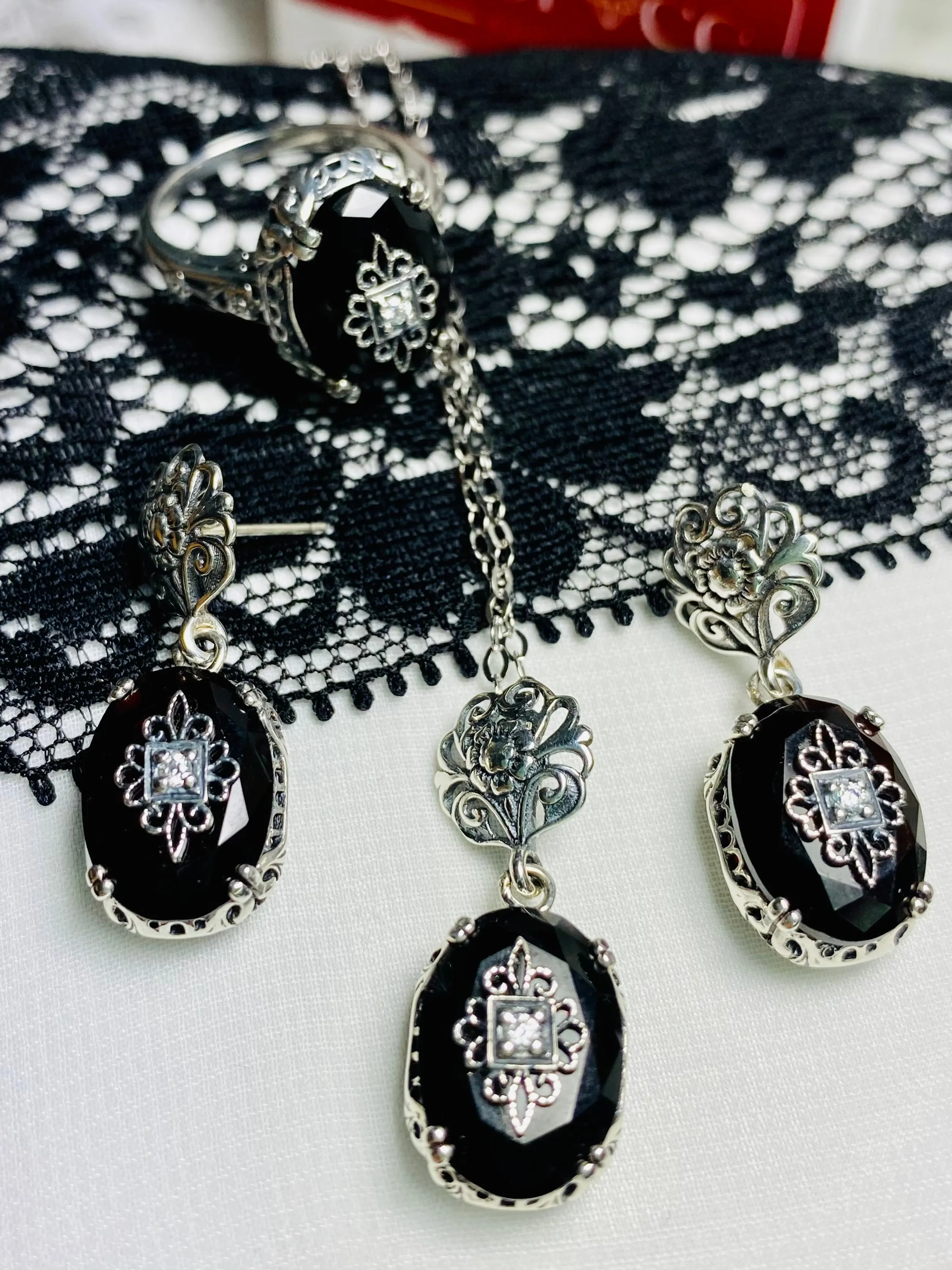 Save 15% on Onyx Jewelry Set, Sterling Silver Embellishment, Edwardian Jewelry #S70e