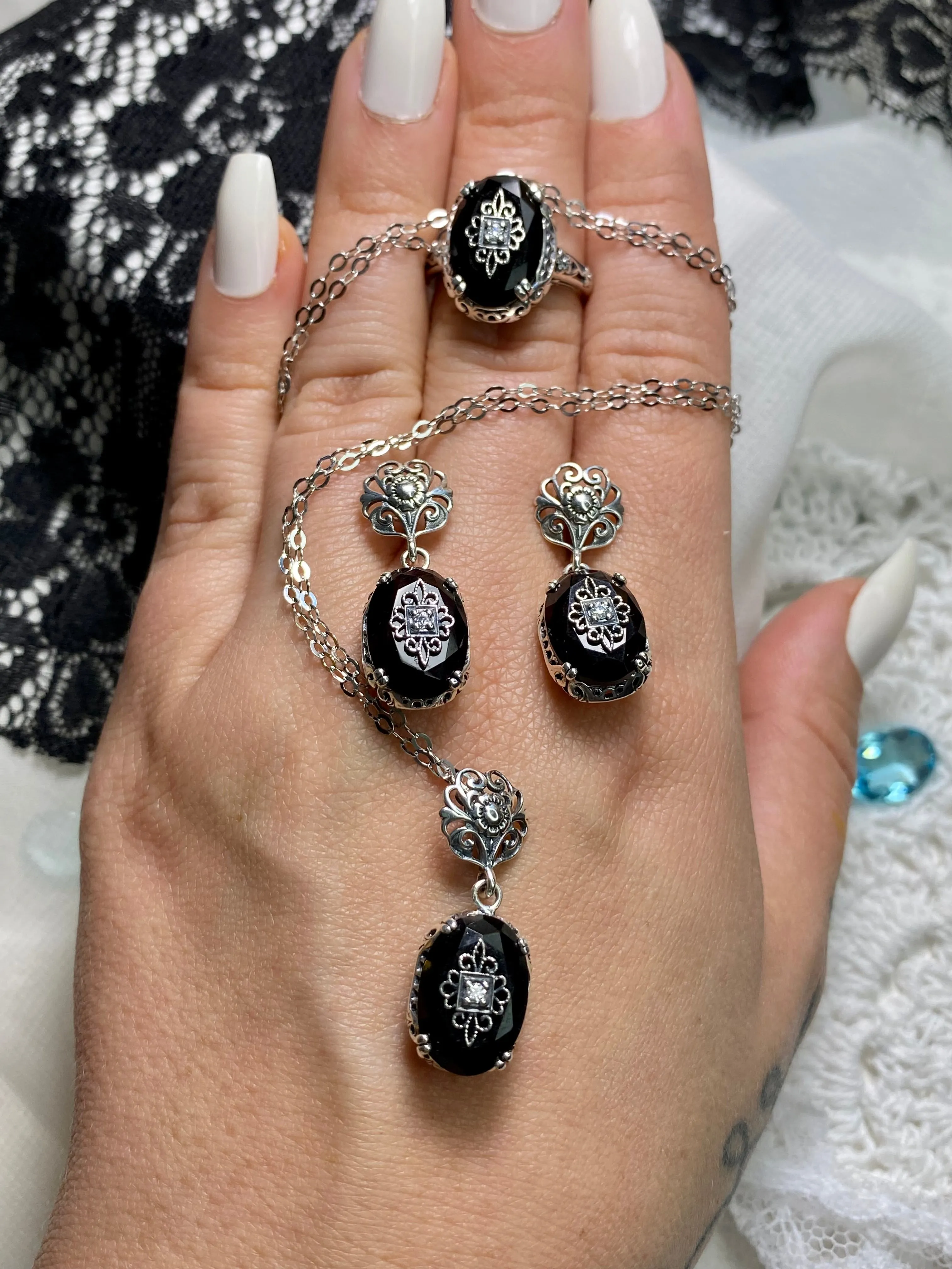 Save 15% on Onyx Jewelry Set, Sterling Silver Embellishment, Edwardian Jewelry #S70e