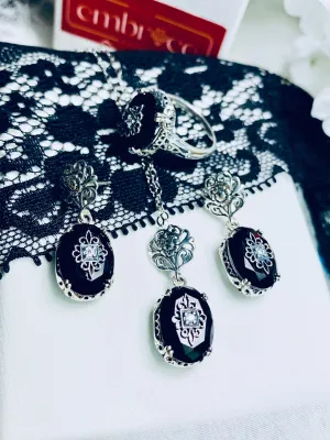 Save 15% on Onyx Jewelry Set, Sterling Silver Embellishment, Edwardian Jewelry #S70e