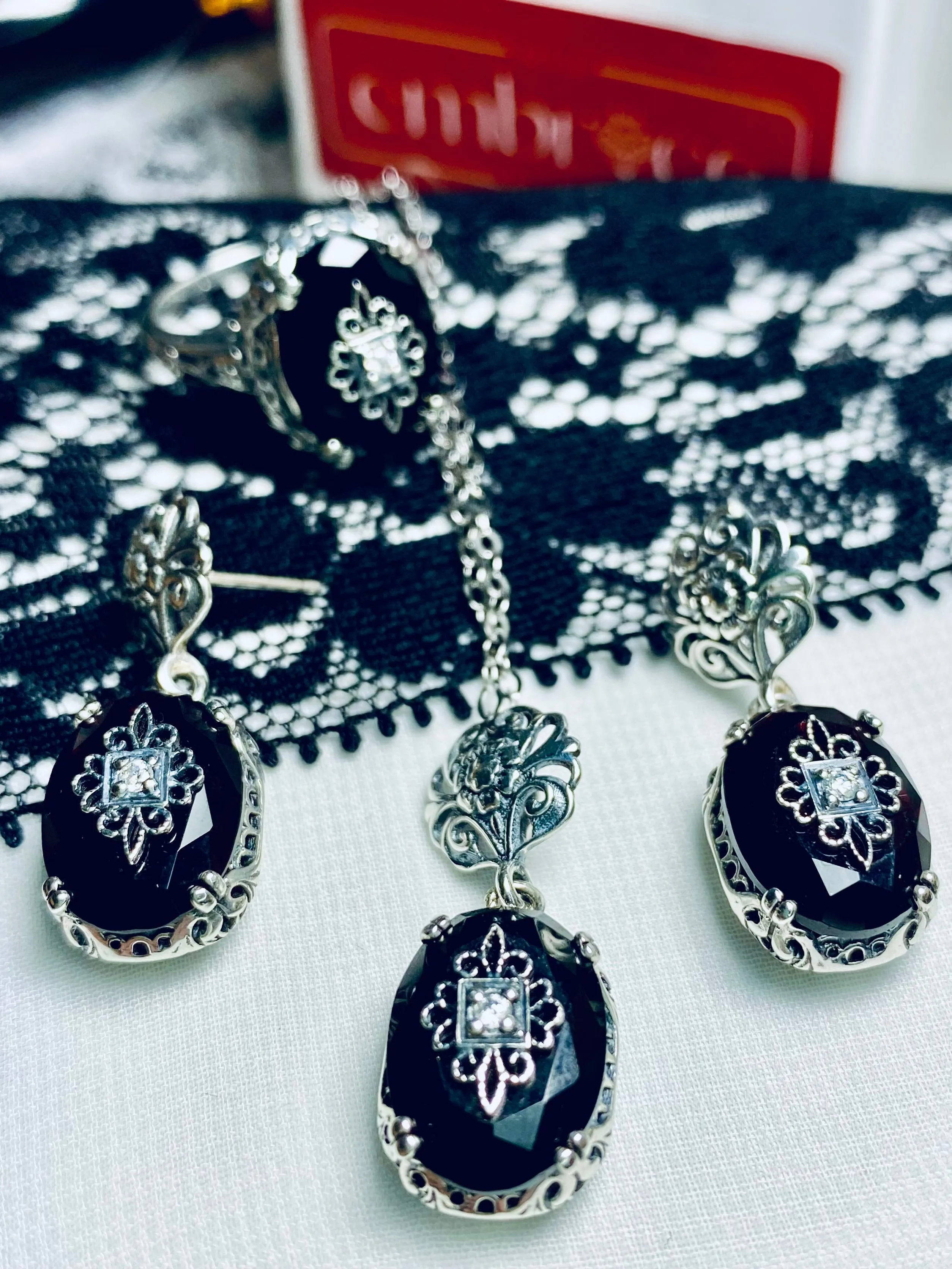 Save 15% on Onyx Jewelry Set, Sterling Silver Embellishment, Edwardian Jewelry #S70e