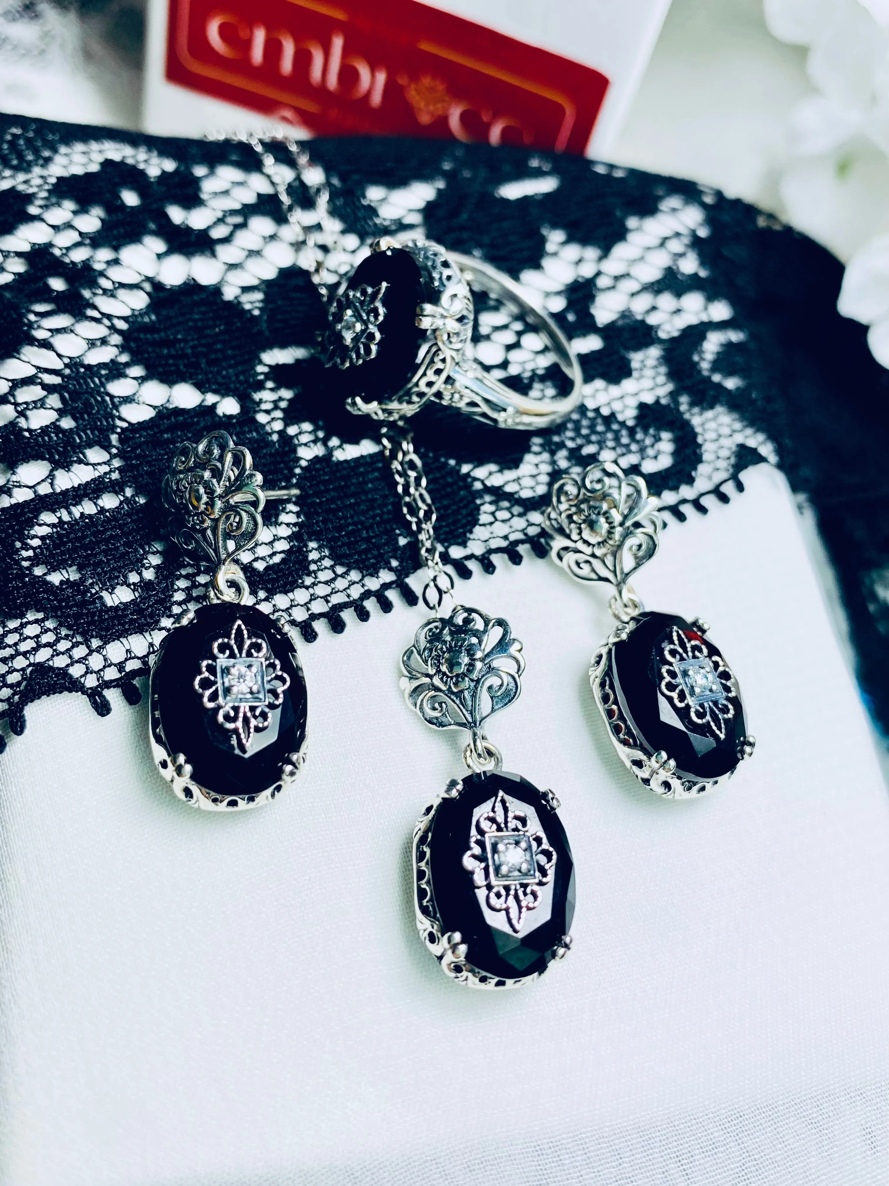 Save 15% on Onyx Jewelry Set, Sterling Silver Embellishment, Edwardian Jewelry #S70e