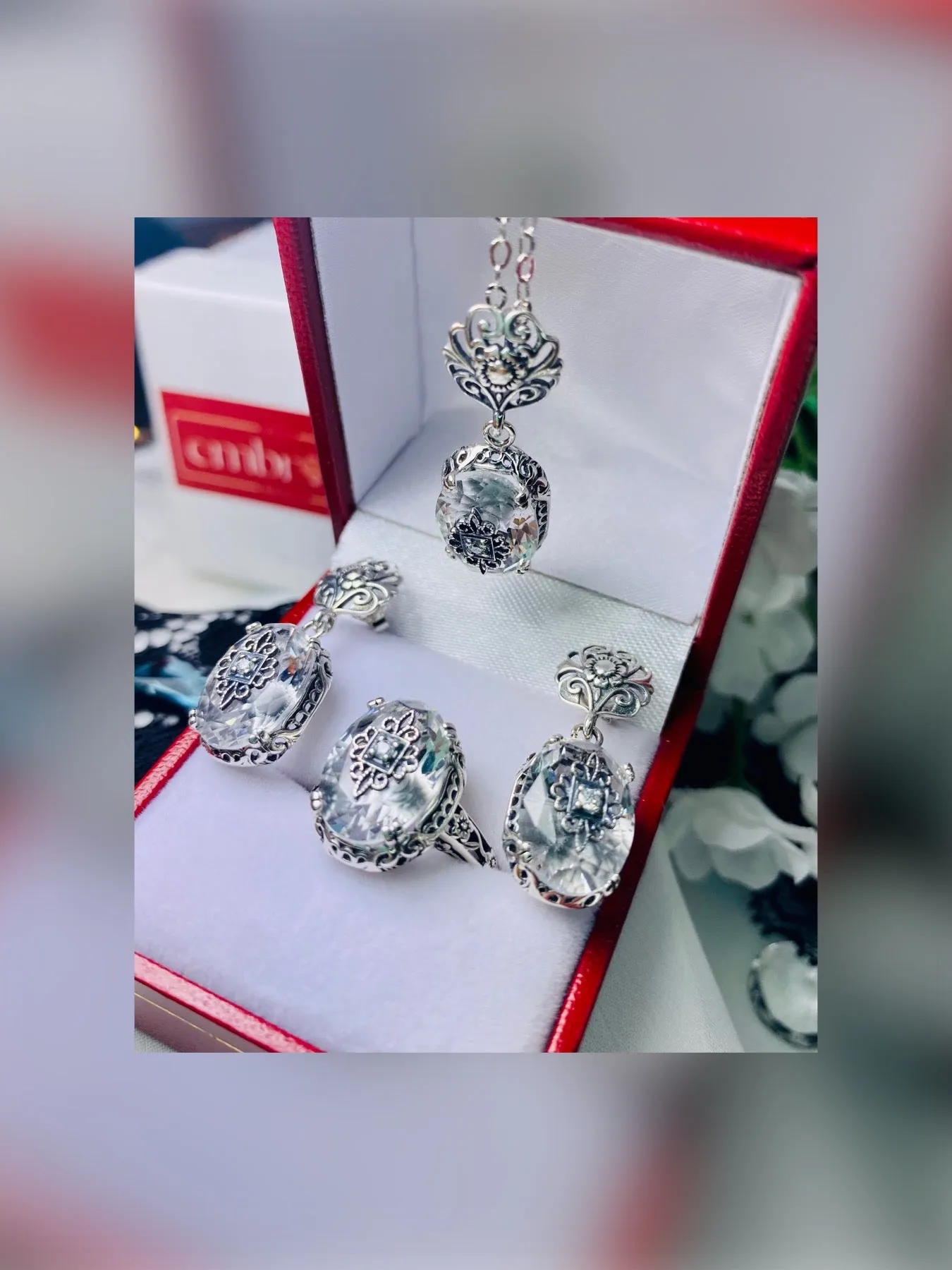 Save 15% on White Topaz Jewelry Set, Sterling Silver Embellishment, Edwardian Jewelry #S70e