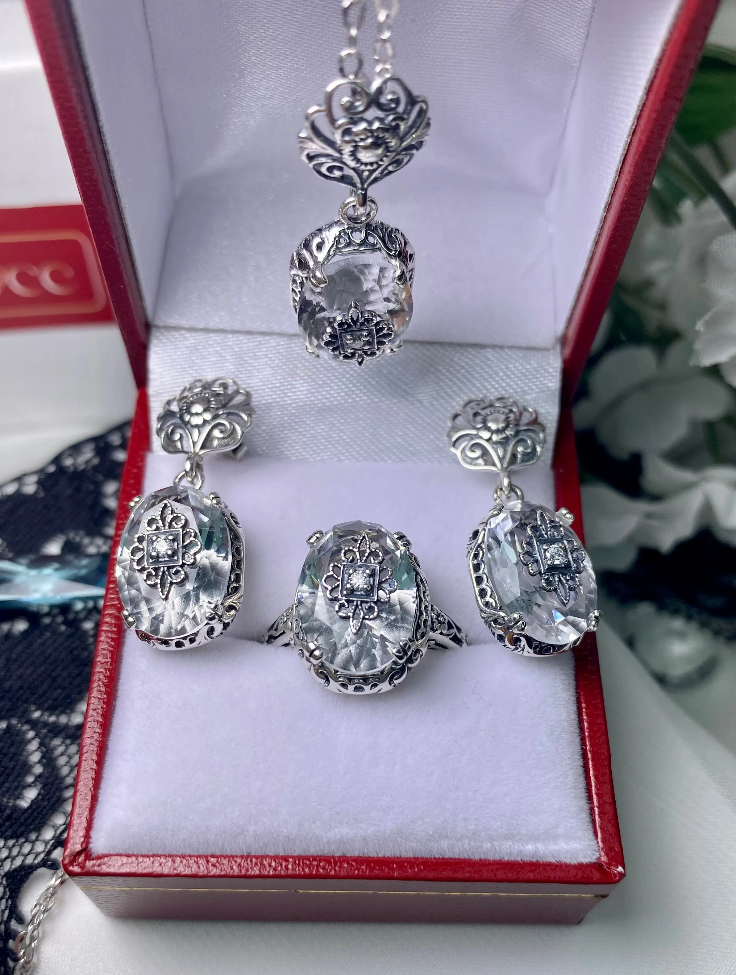 Save 15% on White Topaz Jewelry Set, Sterling Silver Embellishment, Edwardian Jewelry #S70e
