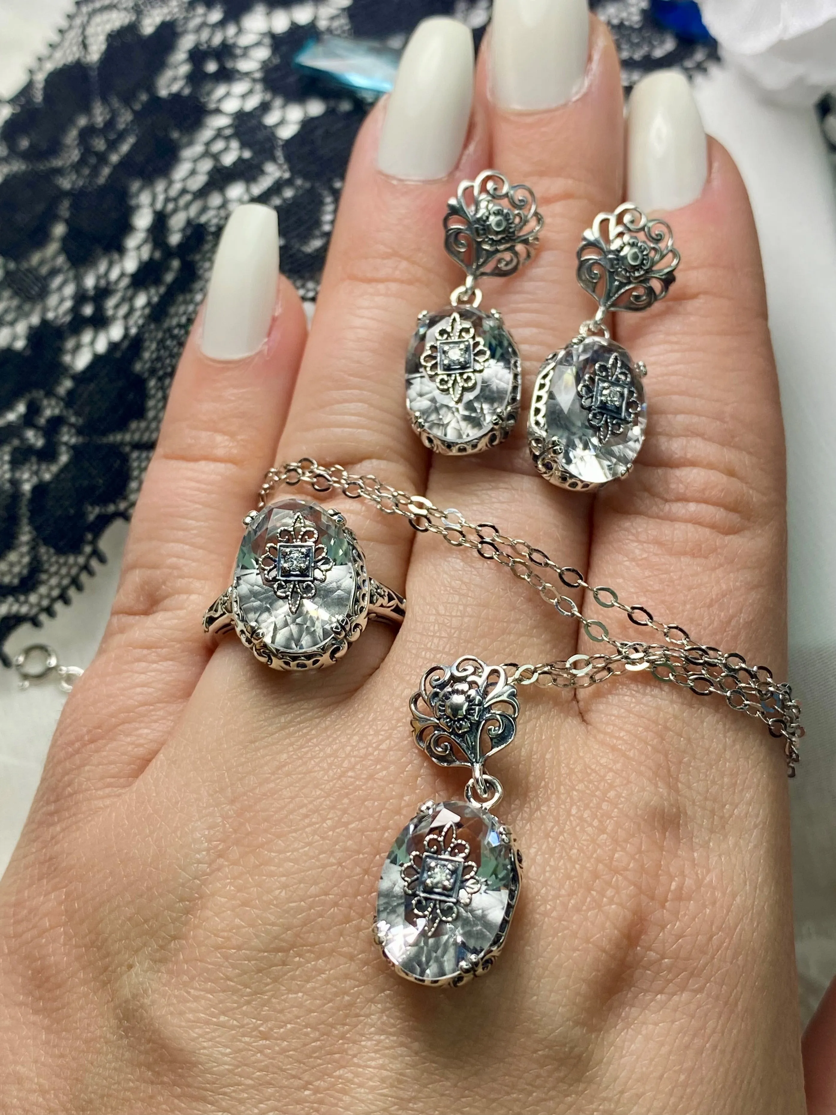 Save 15% on White Topaz Jewelry Set, Sterling Silver Embellishment, Edwardian Jewelry #S70e