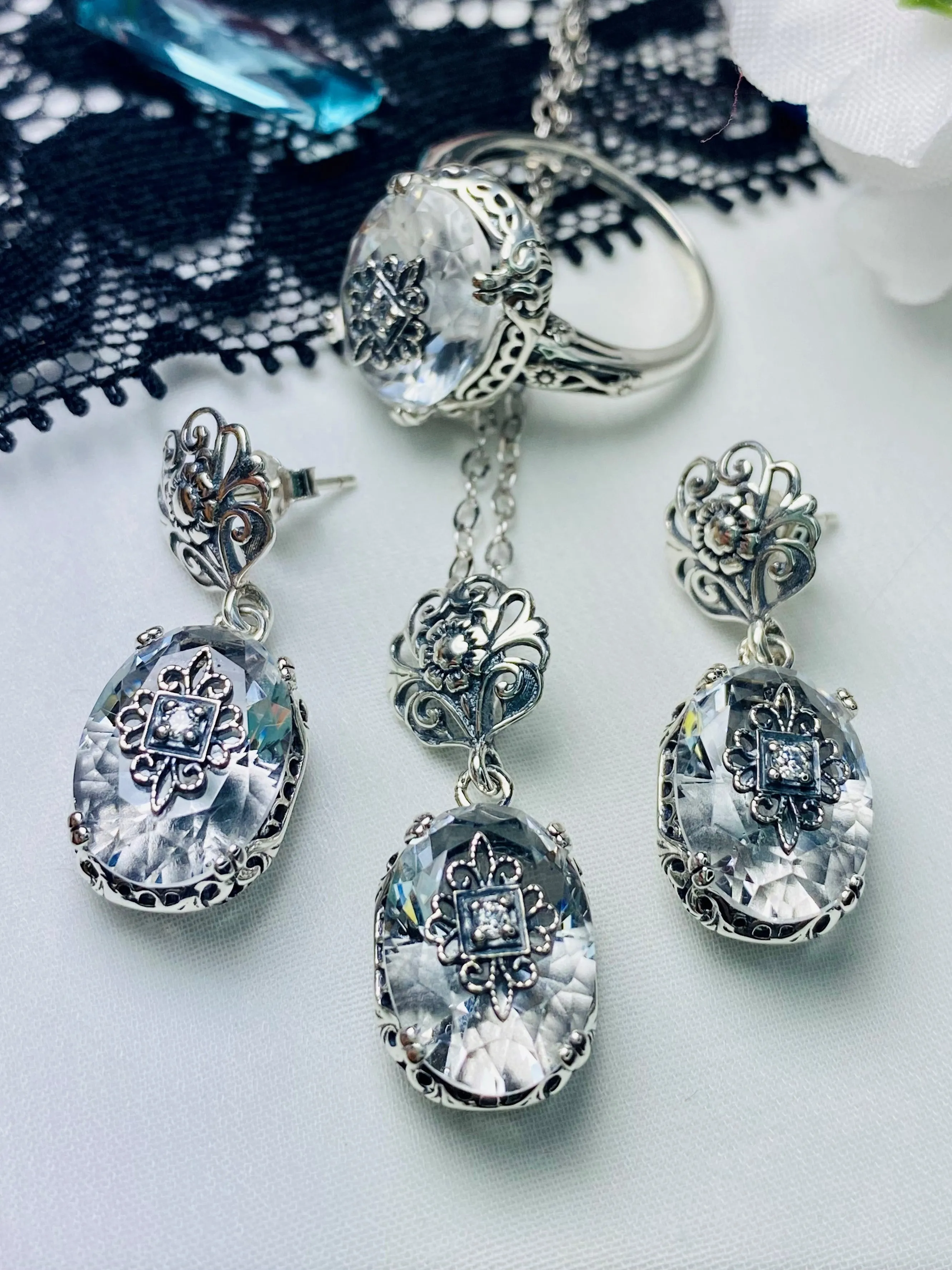 Save 15% on White Topaz Jewelry Set, Sterling Silver Embellishment, Edwardian Jewelry #S70e
