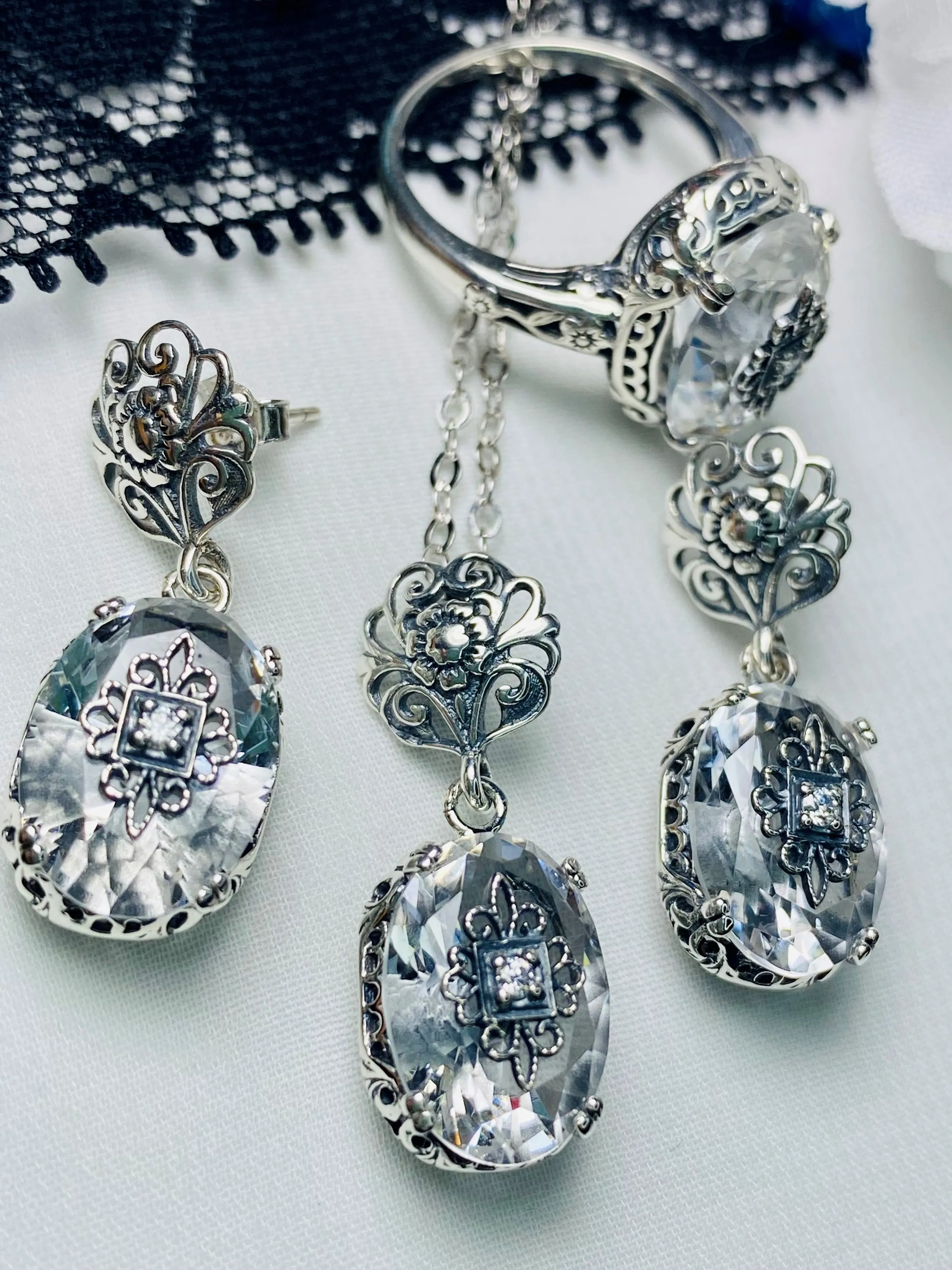 Save 15% on White Topaz Jewelry Set, Sterling Silver Embellishment, Edwardian Jewelry #S70e