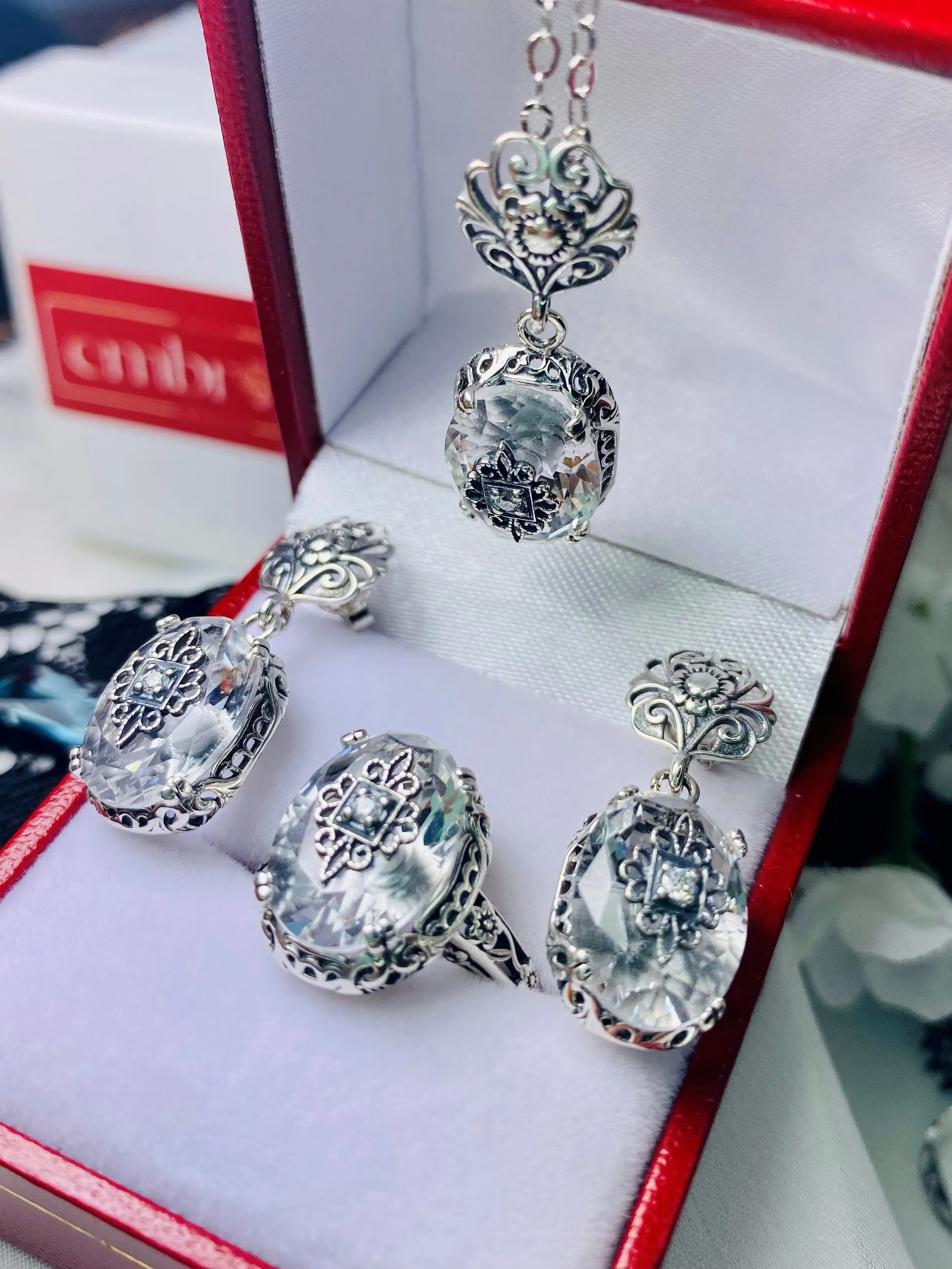 Save 15% on White Topaz Jewelry Set, Sterling Silver Embellishment, Edwardian Jewelry #S70e
