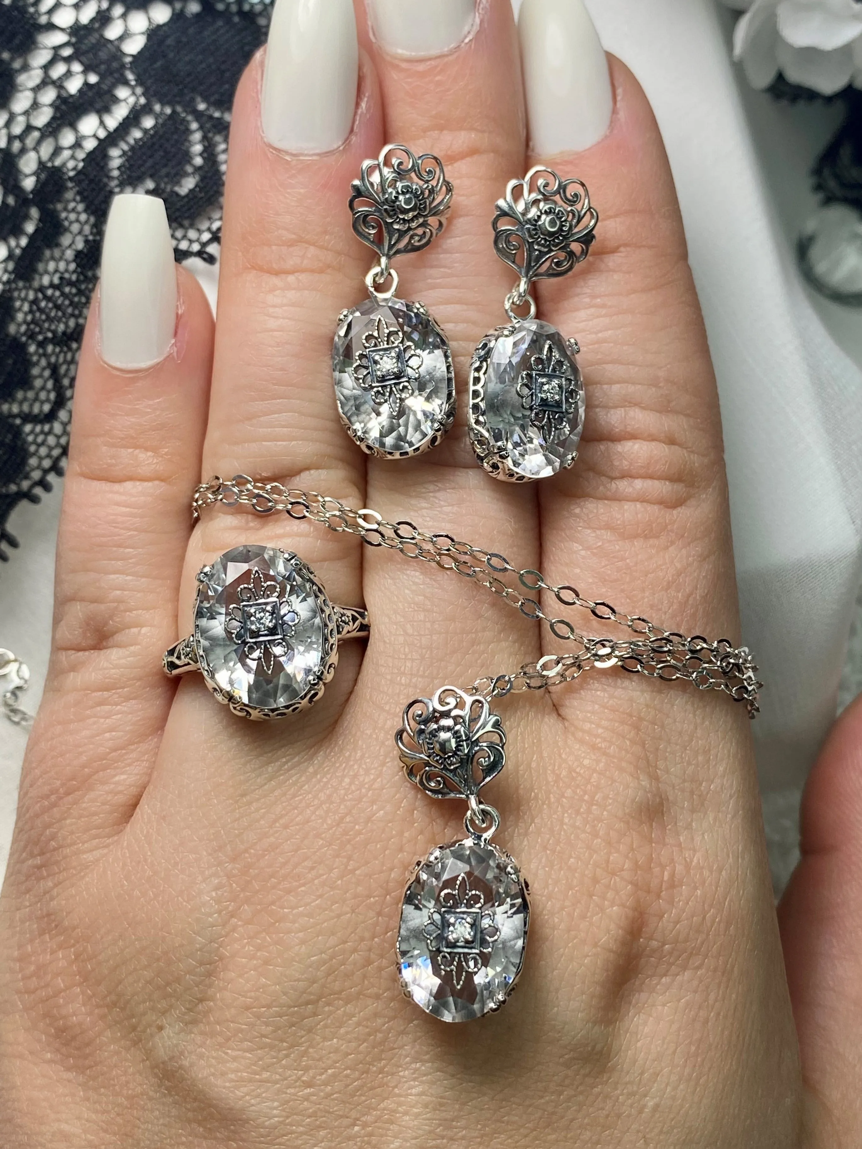 Save 15% on White Topaz Jewelry Set, Sterling Silver Embellishment, Edwardian Jewelry #S70e