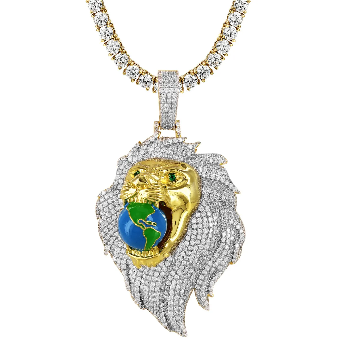 Silver Lion Animal Roaring face holding World Globe 3D Pendant