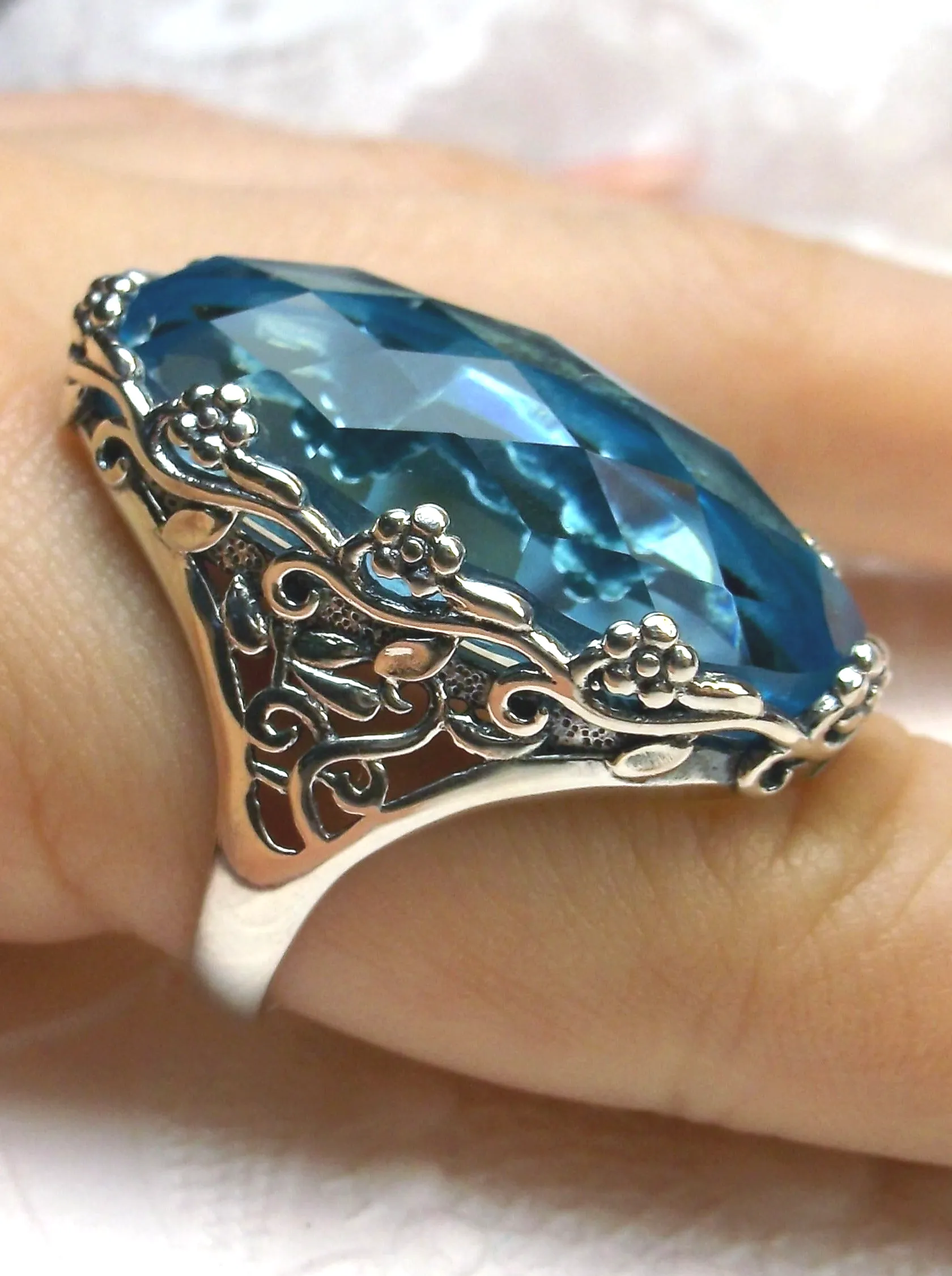 Sky Blue Aquamarine Ring, Size 6, Large Oval gem, Vintage Reproduction Jewelry, Rosey Design #D97 - Ready to Ship