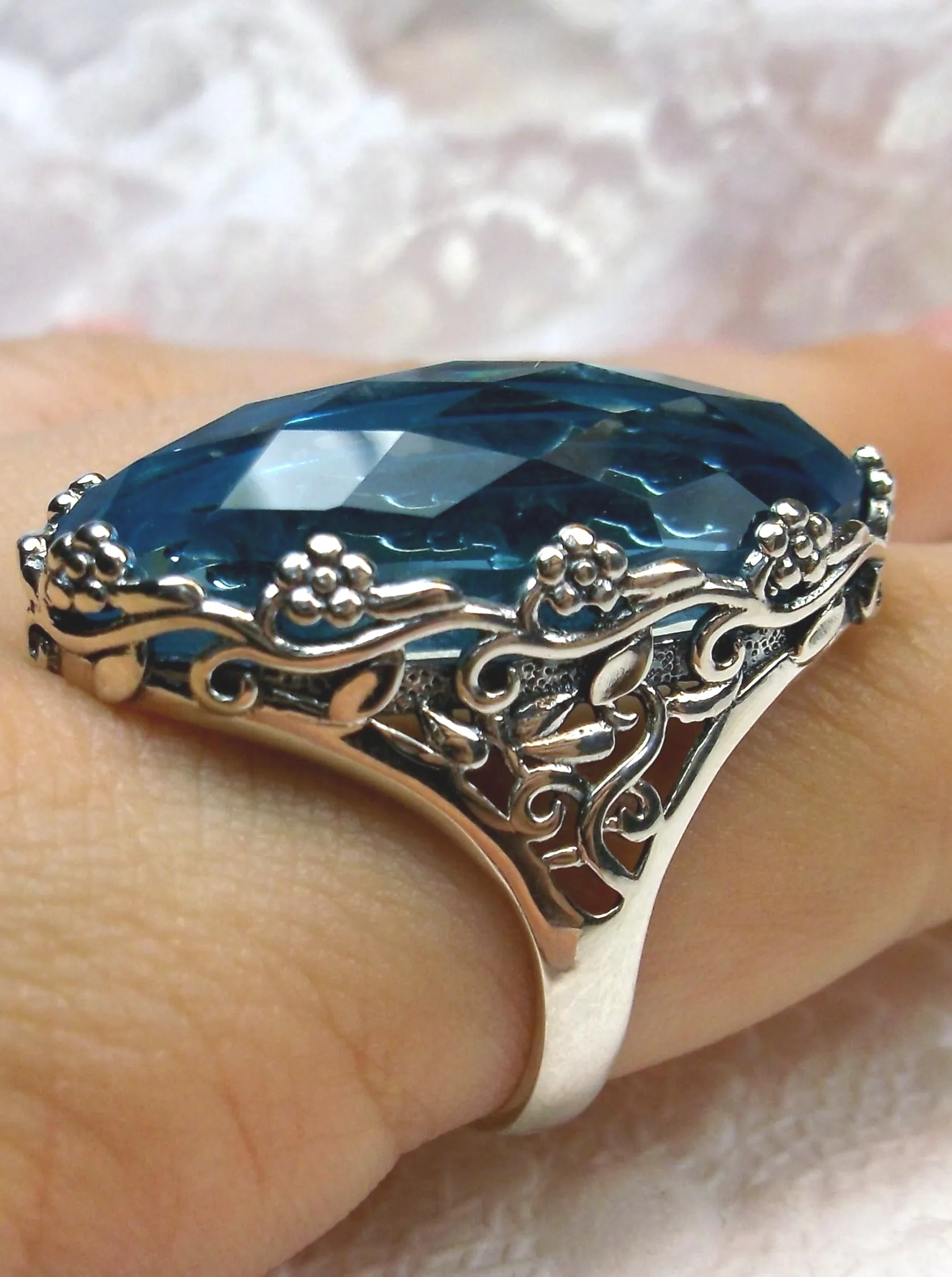 Sky Blue Aquamarine Ring, Size 6, Large Oval gem, Vintage Reproduction Jewelry, Rosey Design #D97 - Ready to Ship