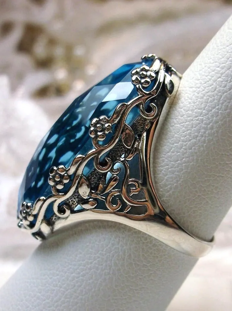 Sky Blue Aquamarine Ring, Size 6, Large Oval gem, Vintage Reproduction Jewelry, Rosey Design #D97 - Ready to Ship
