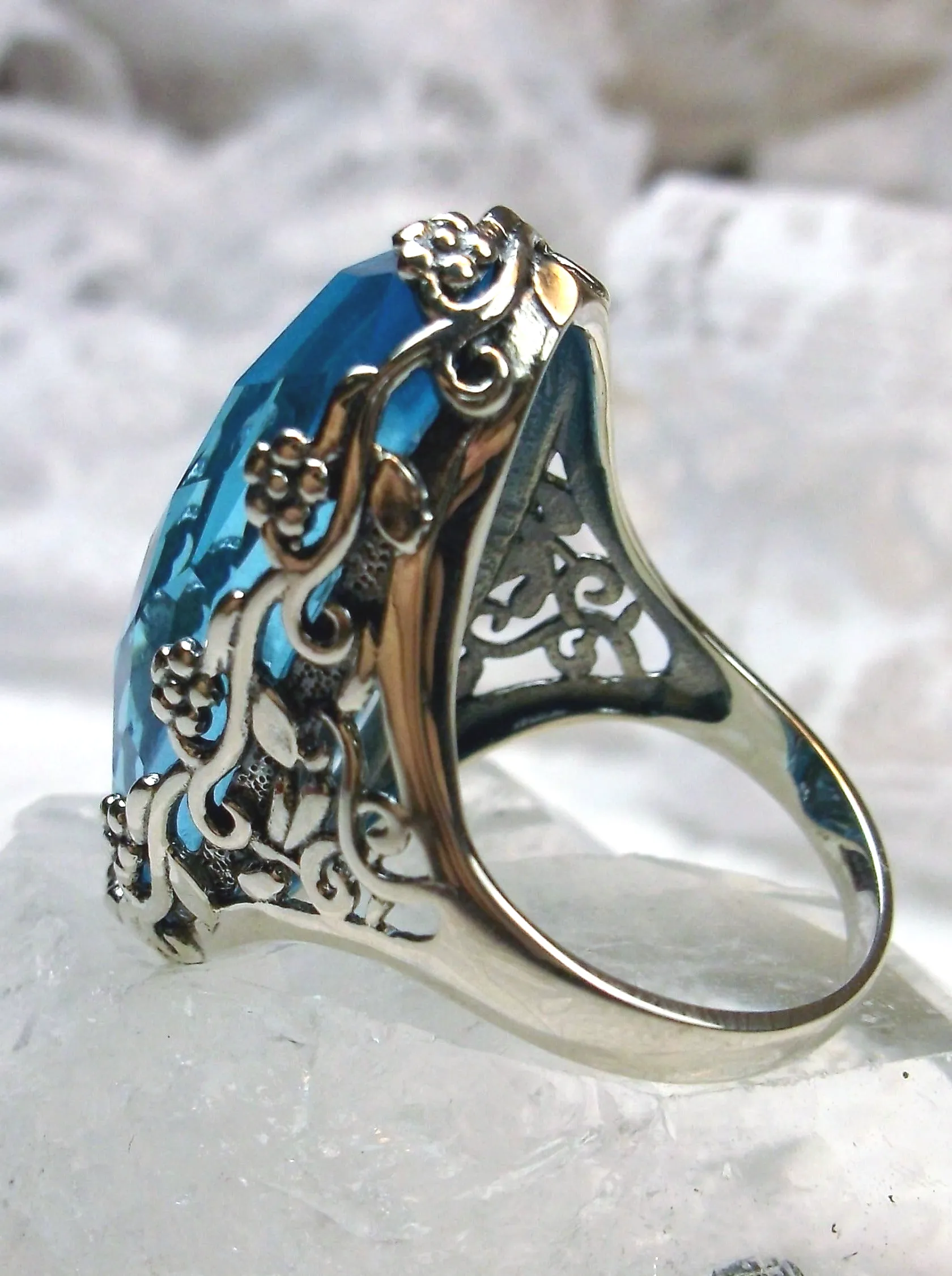 Sky Blue Aquamarine Ring, Size 6, Large Oval gem, Vintage Reproduction Jewelry, Rosey Design #D97 - Ready to Ship