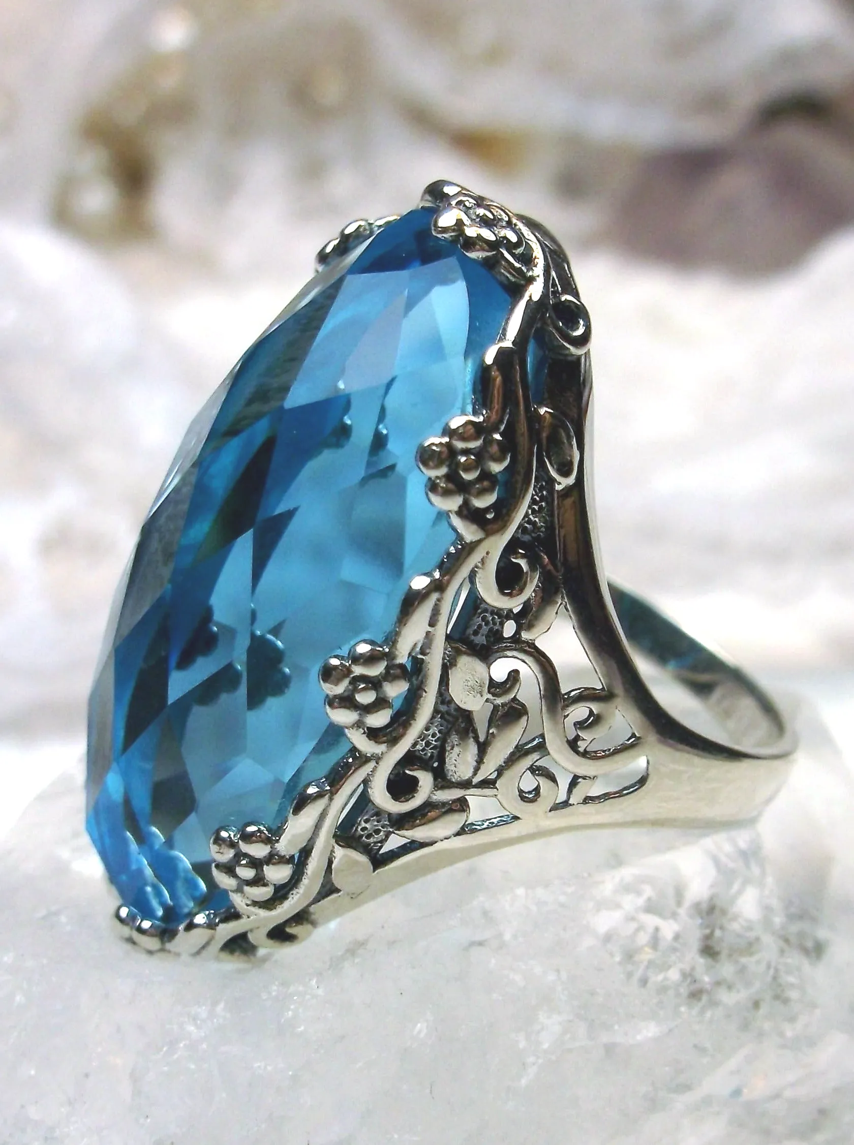 Sky Blue Aquamarine Ring, Size 6, Large Oval gem, Vintage Reproduction Jewelry, Rosey Design #D97 - Ready to Ship