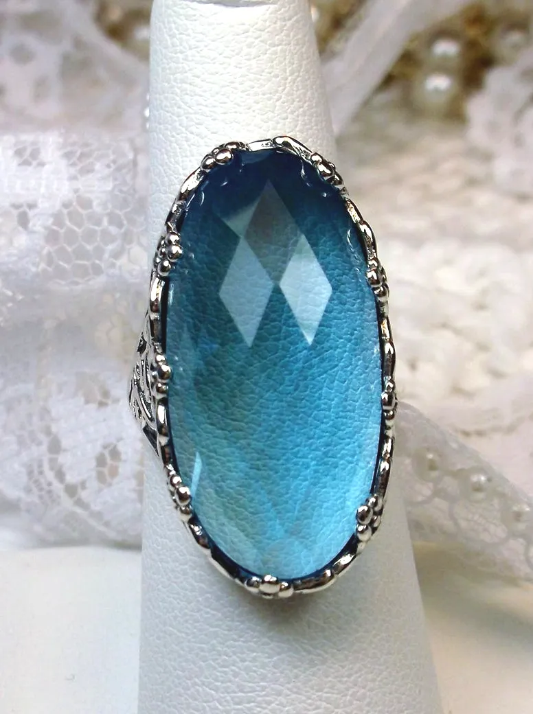 Sky Blue Aquamarine Ring, Size 6, Large Oval gem, Vintage Reproduction Jewelry, Rosey Design #D97 - Ready to Ship